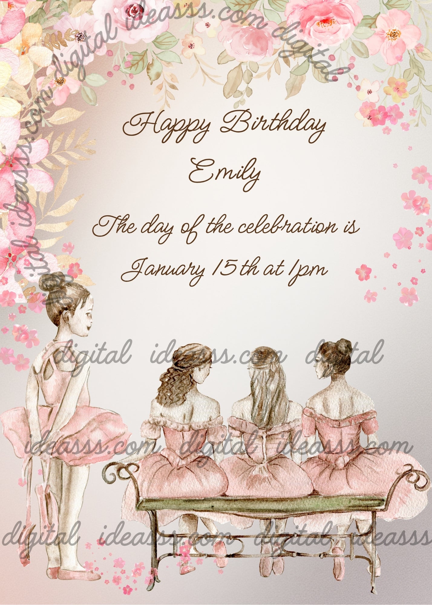 Ballet dancers on break talking to each other. Floral decoration at the top. Printable birthday card for girls 10-14.