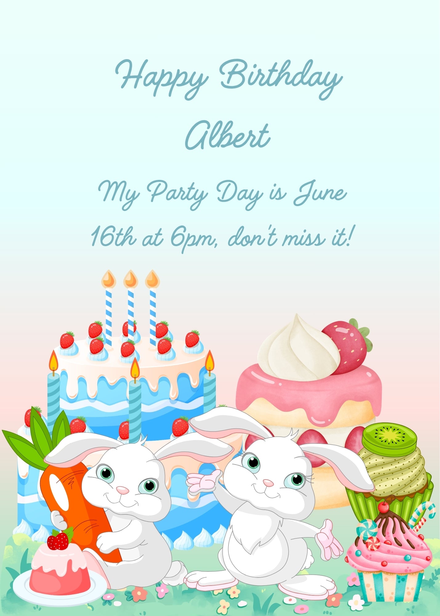 Two delicious little bunnies celebrate with cake, carrots and cupcakes. Printable birthday card for children 1-10.
