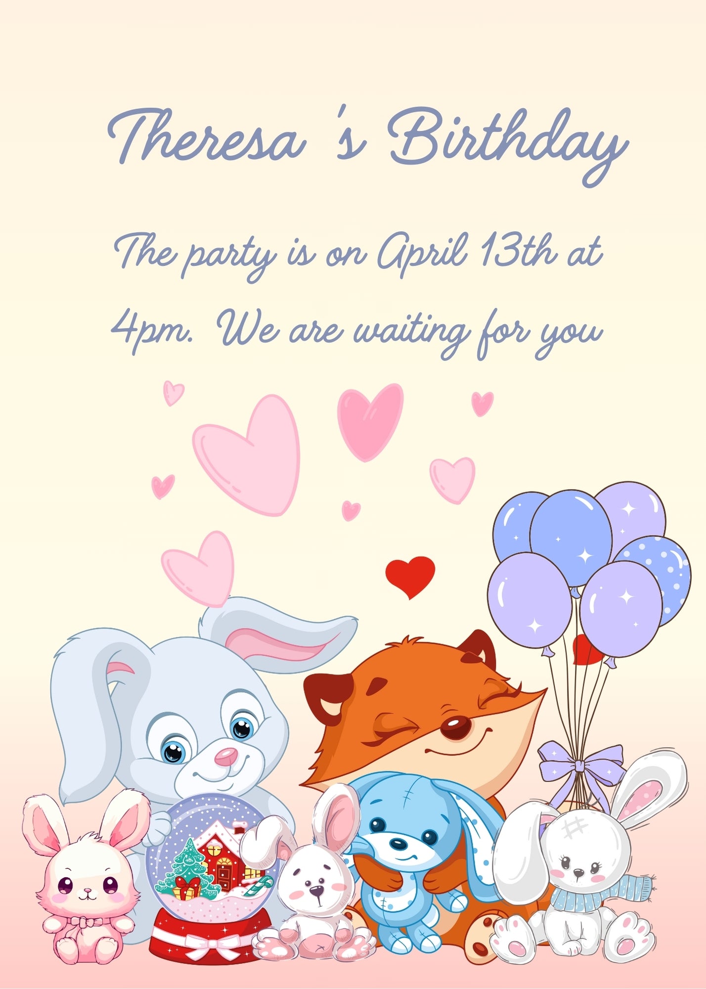 A bunny and a fox, with their toys, stuffed bunnies and balloons. Background with small hearths. Printable birthday card for kids 1-7.