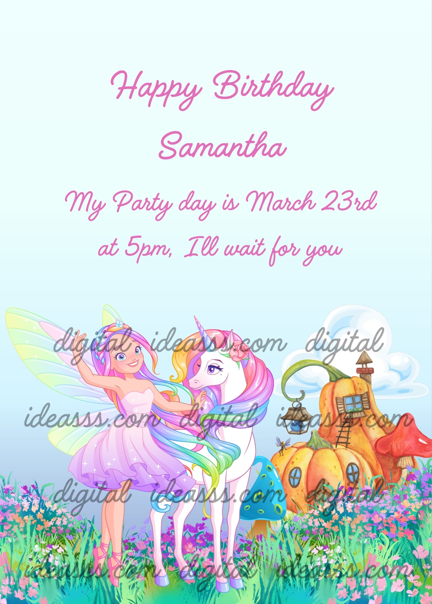 Fairy dances on a flowery meadow next to a unicorn. In the background unusual fairy houses. Printable birthday card for girls
6-12.