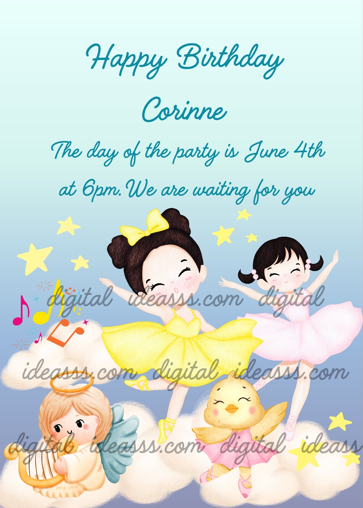 Ballerinas classical dance, among the clouds together with a canary and an angel playing the lyre. Printable birthday card for girls 1-9.