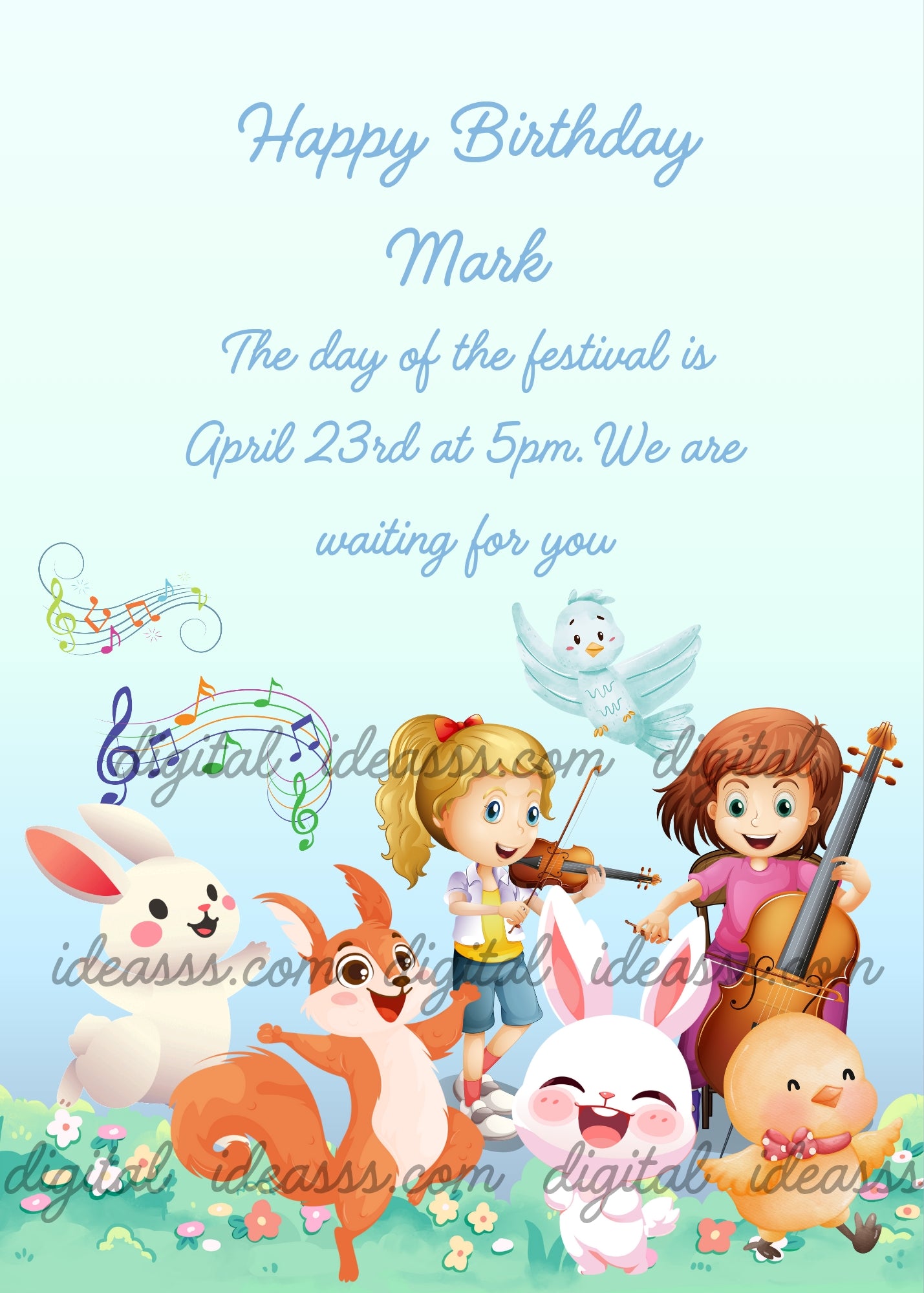 Two children make music in a meadow for their animal friends, who appreciate it and dance. Printable birthday card for kids
3-10.
