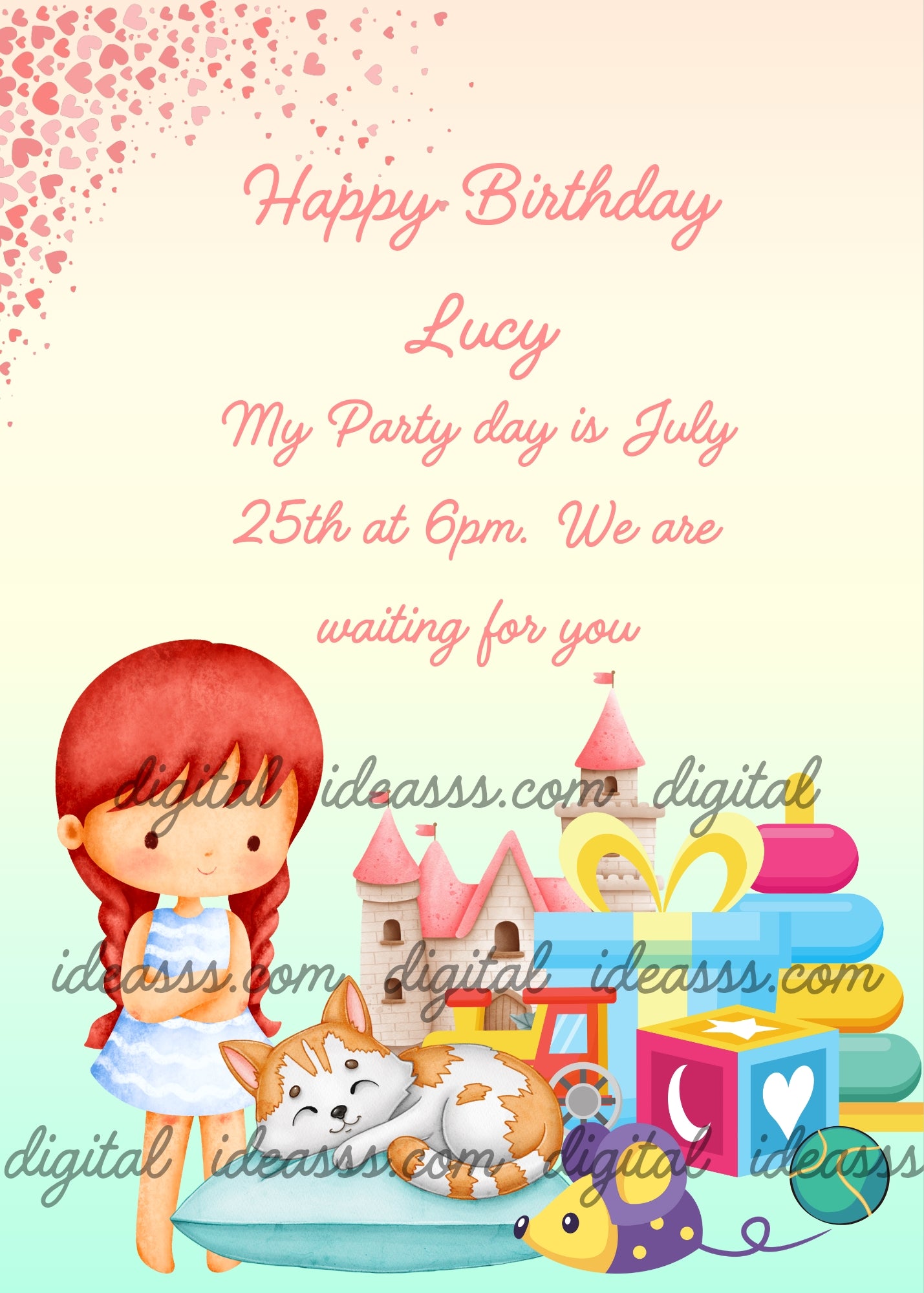 Little girls asks her kitten who is sleeping among the toys, to play with her. Printable birthday card for girls 4-12.