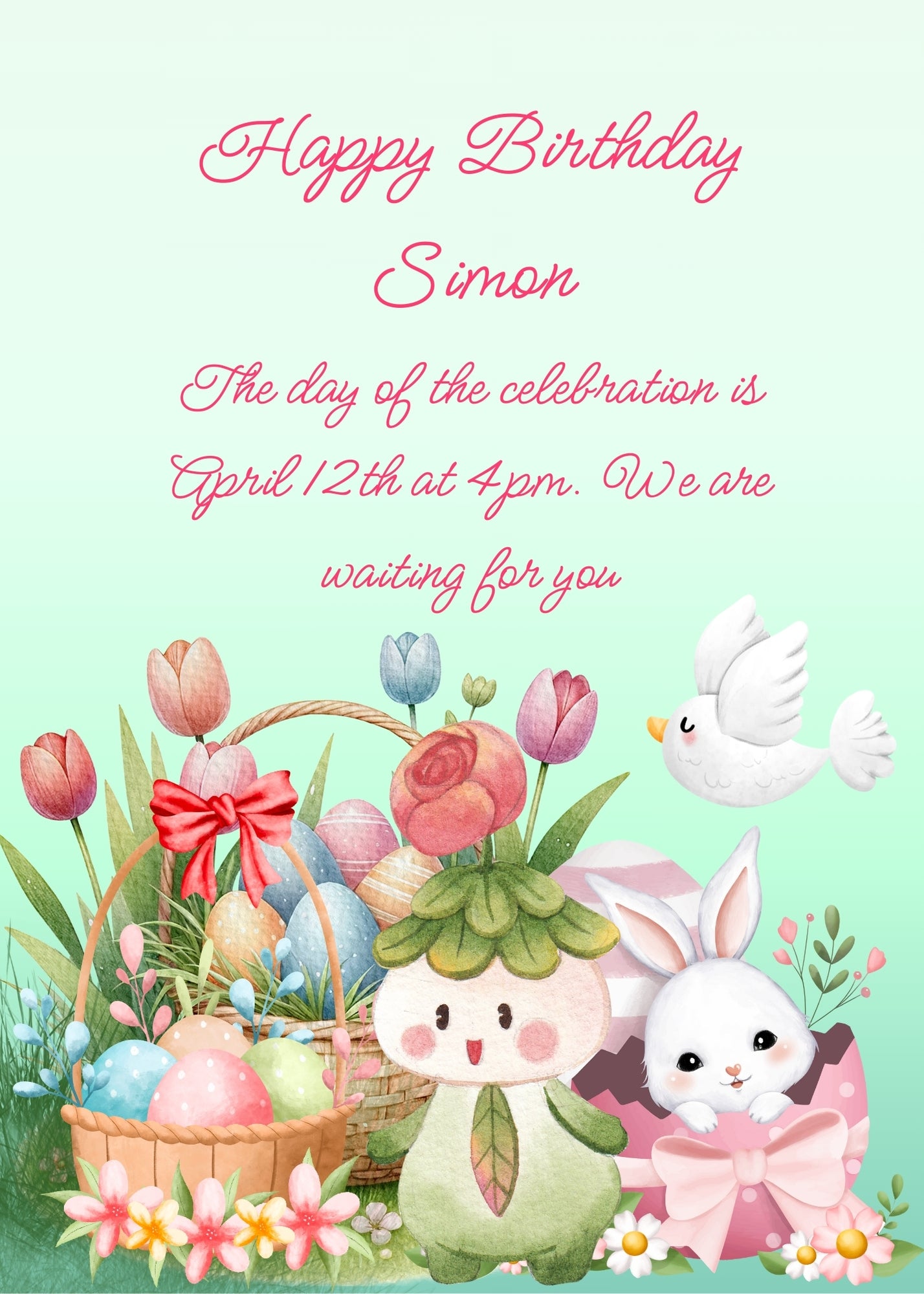 A funny flower with eyes nose and mouth is happy to see the two baskets with colored eggs and tulips. Next to them a smiling bunny, and an indifferent dove passes ovder them. Printable birthday Easter card for children 8-14.