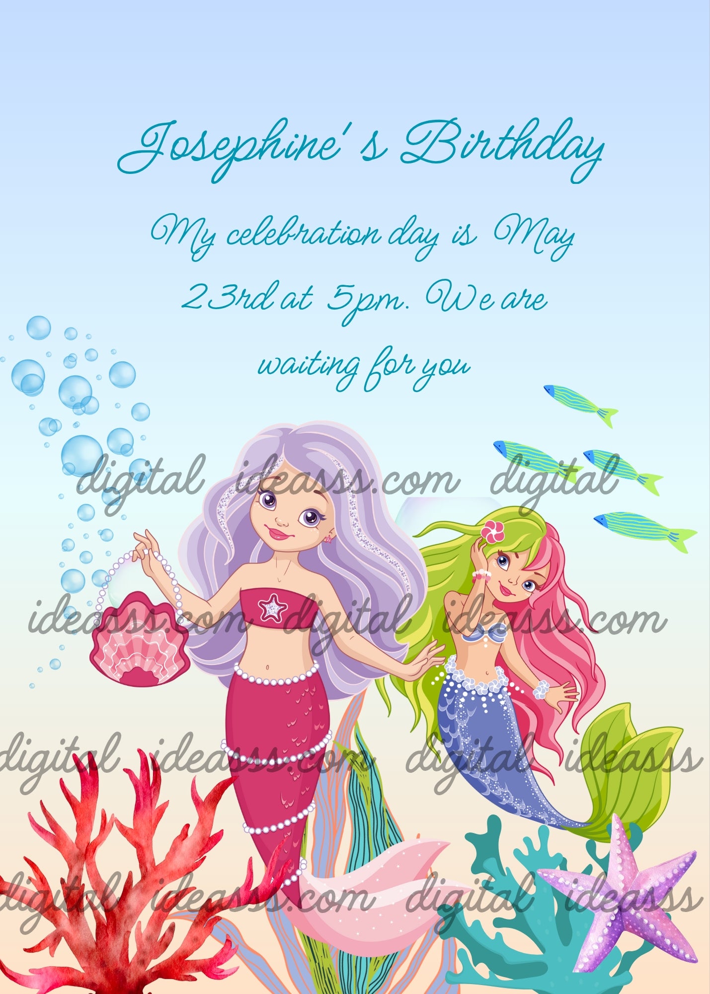 Two cute mermaids, with colored hair, pearls, and a bag made with two shells. Printable birthday card for girls 9-14.
