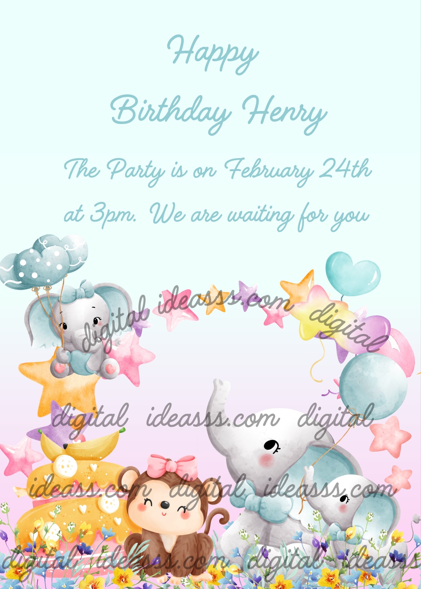 Three baby elephants and a little monkey with banana cake celebrate the littlest elephant's birthday. Printable birthday card for kids 1-7.