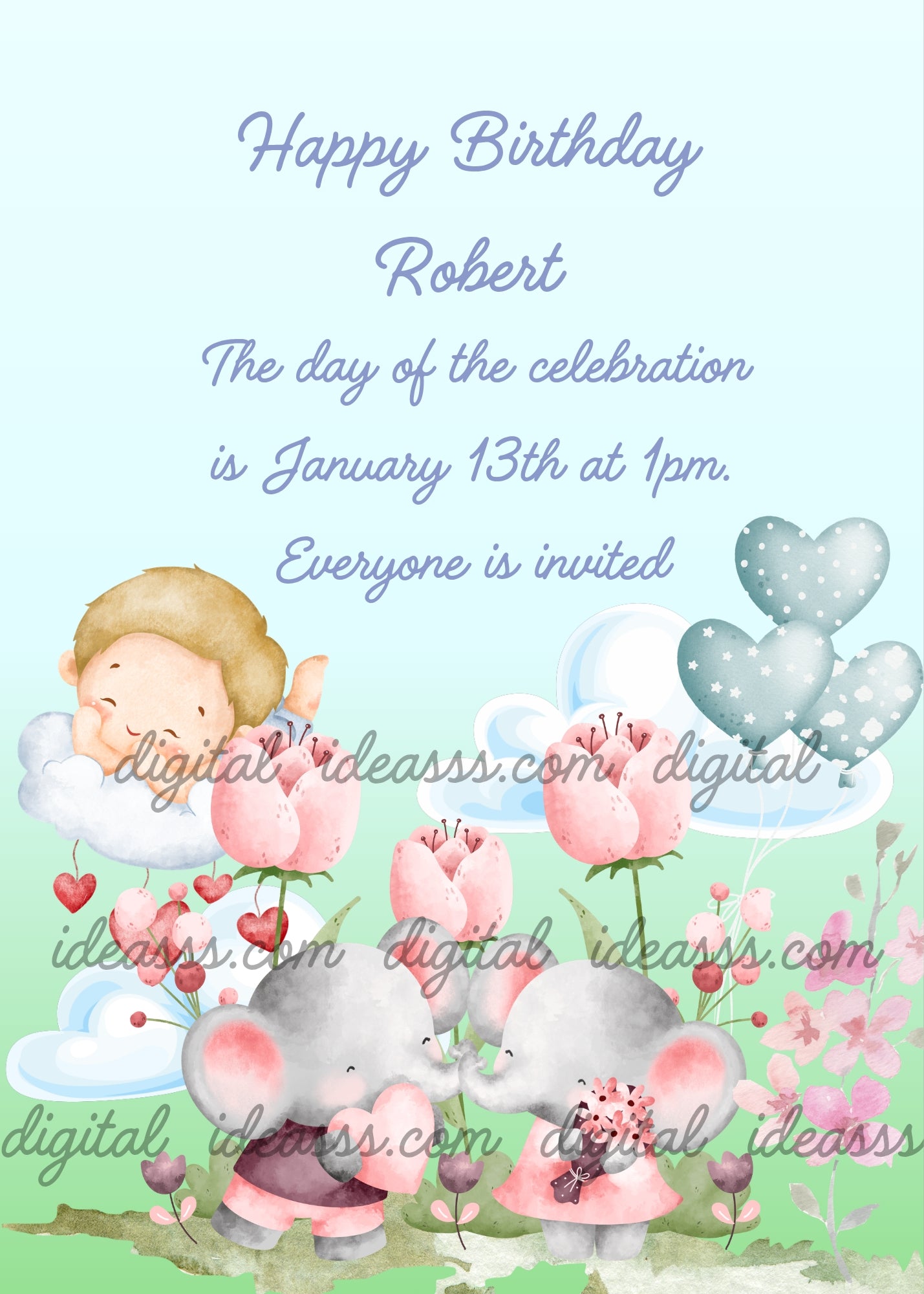 A green meadow with flowers, and two little elephants. One with a bouquet of flowers, the other with a heart. Cupid on a cloud. Printable birthday card for kids 1-8.