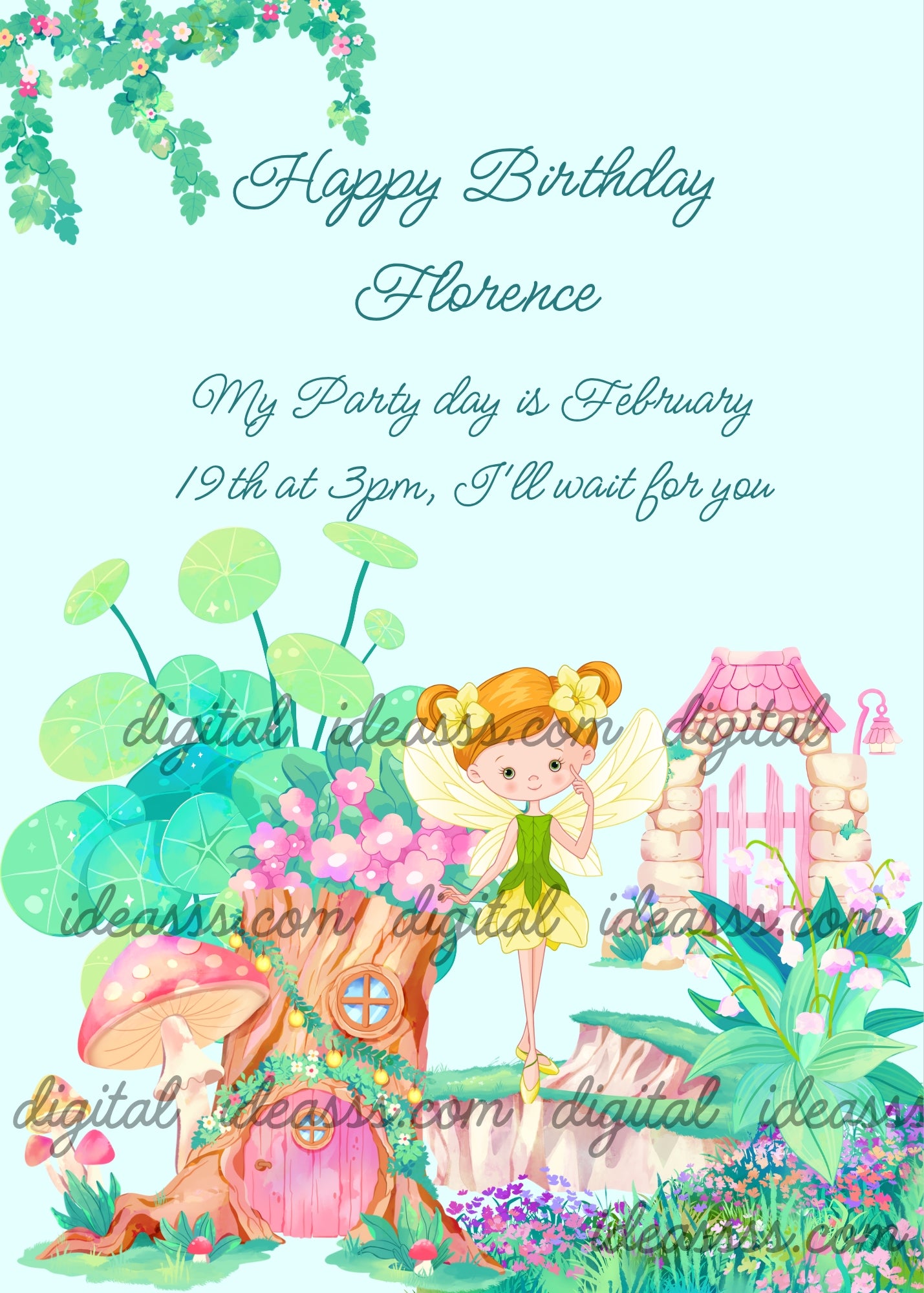 A fairy who looks like a flower, in an enchanted forest with plants and flowers of a thousand colors. Printable birthday card for girls 8-14.