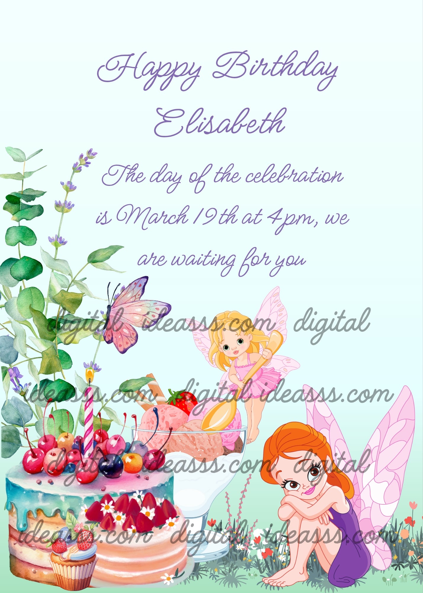 A flowery meadow with cakes and two faries, one sitting, and the other is making ice cream. Printable birthday card for
girls 6-14.