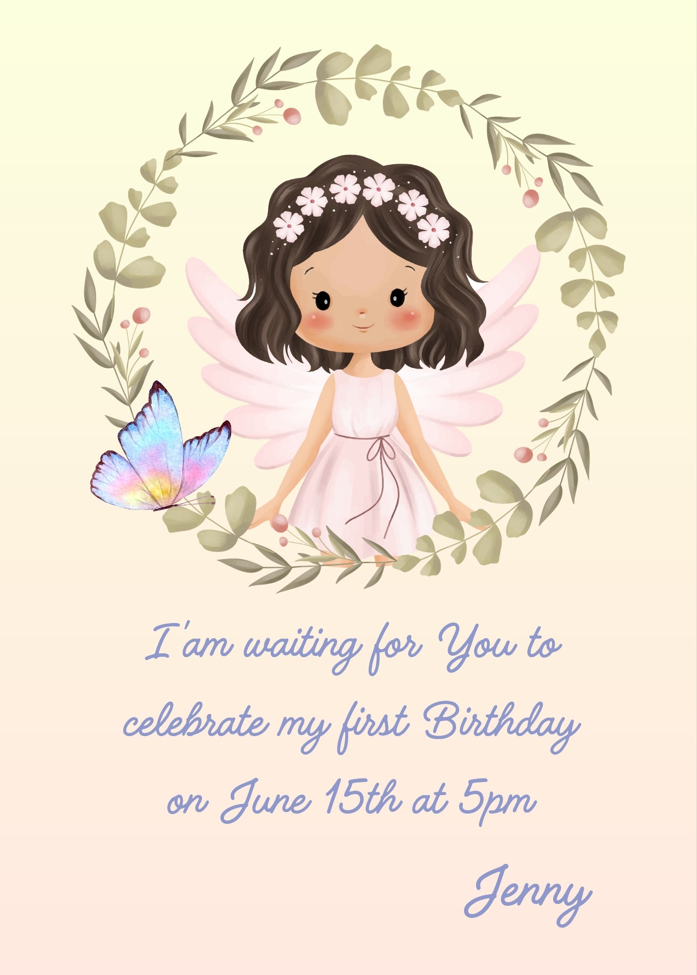 Delicate fairy with flowers in her hair and a frame of leaves and butterfly. Printable birthday card for girls 1-9.