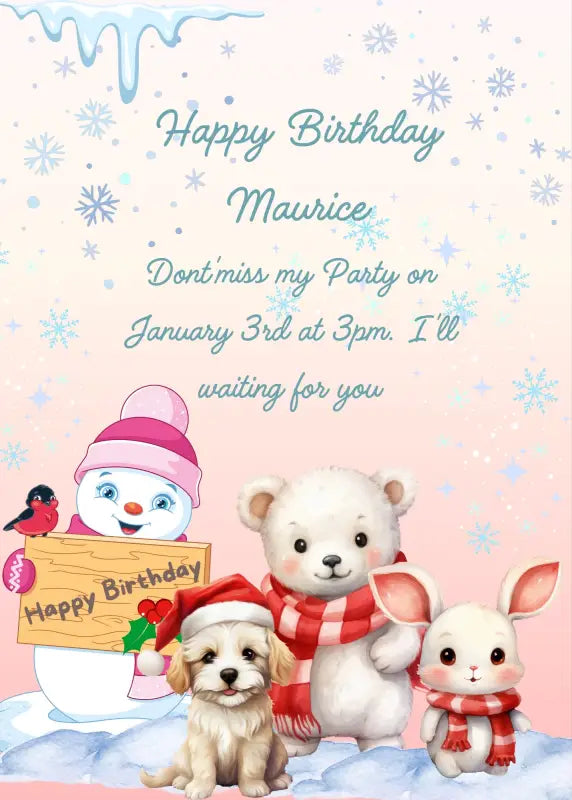 Cute animals with scarf and hat next to a snowman. Winter landscape with falling snow. Printable birthday Christmas card for kids 1-12.