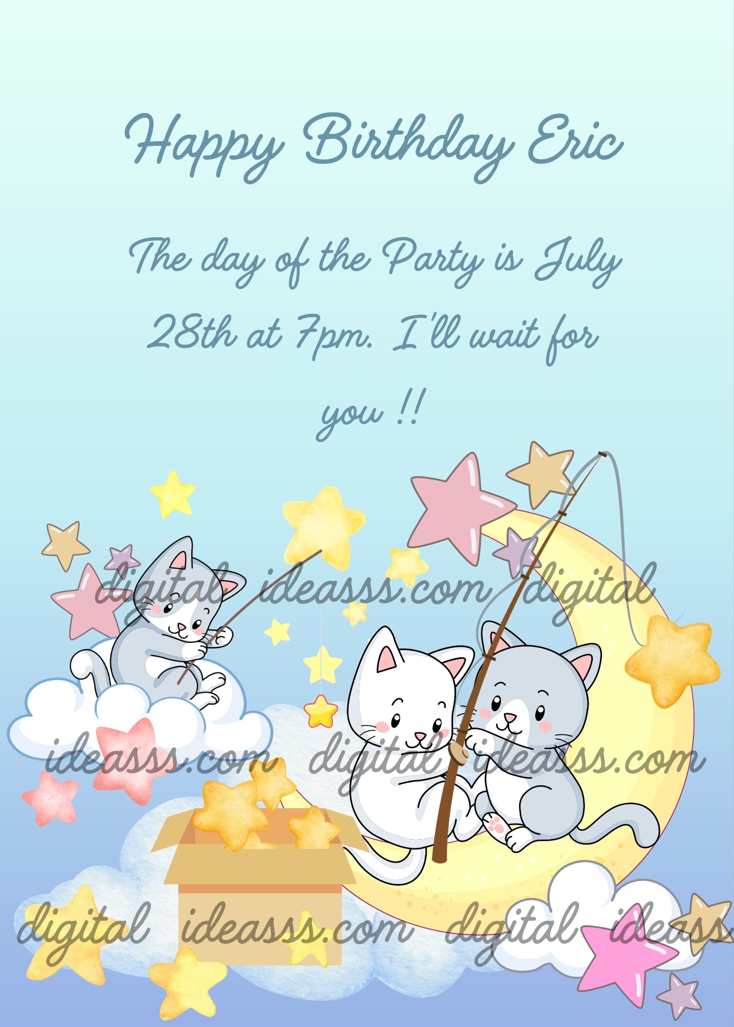 Cute kittens among stars, and clouds catching stars with their fishing rods. Printable birthday card for kids 1-9.