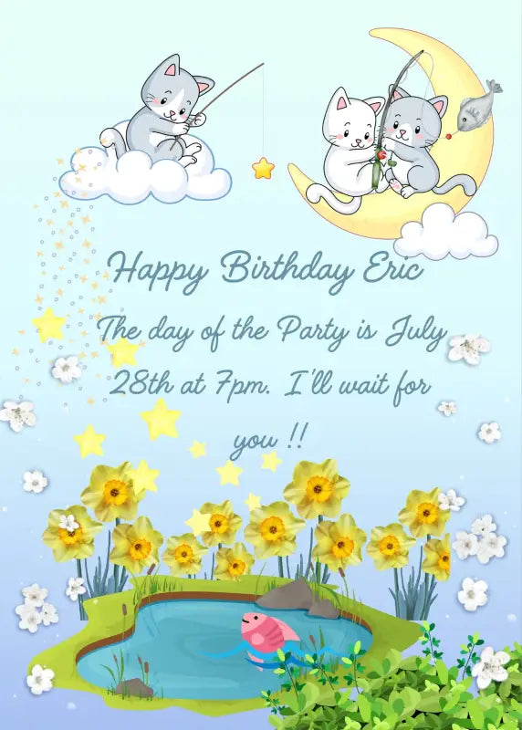 Pond with flowers, with kittens between the moon and clouds trying to fish. Printable birthday card for kids 1-9.