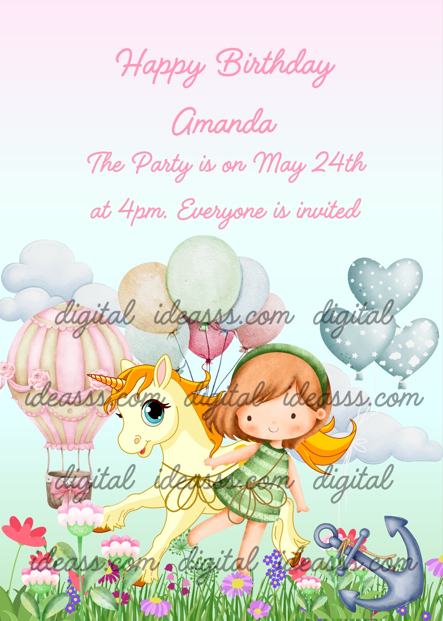 Little girls wants to fly with balloons with her unicorn. In the background a pink hot air balloon and balloons. Printable birthday card for girls 1-9.