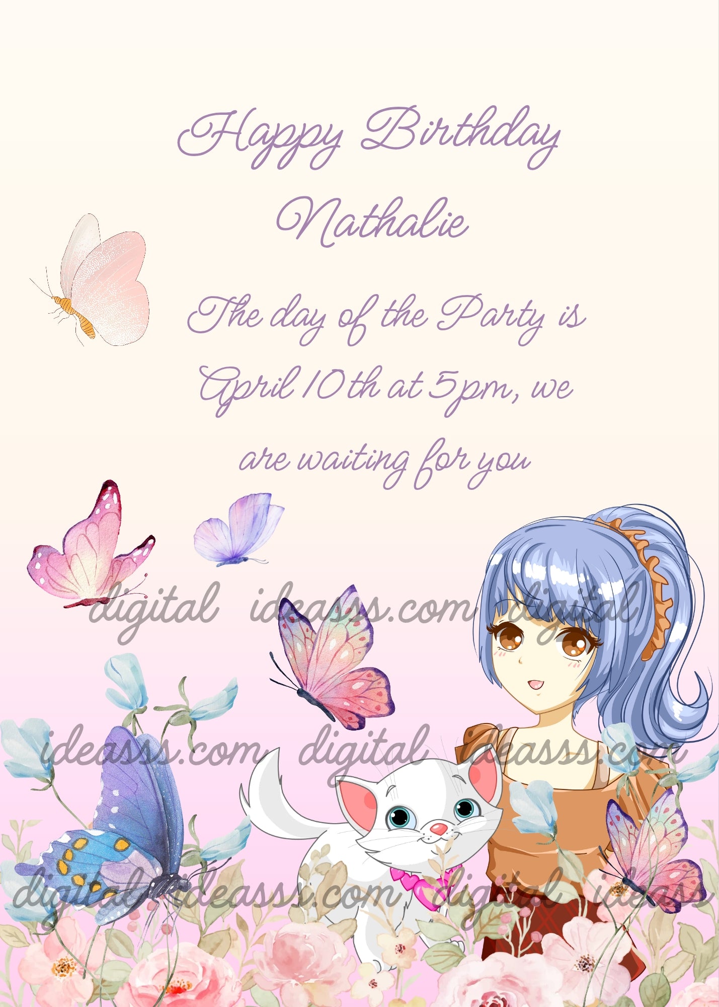 A little girl in the garden, watches the flight of butterflies togeher with her kitten. Printable birthday card for girls 10-14.