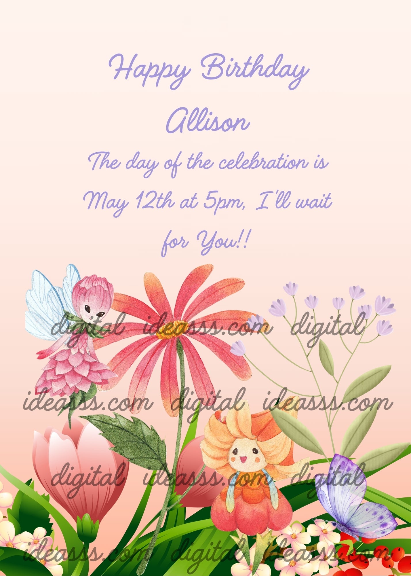 Pink flowers in the foreground, an elf in the form of a flower, and a flower with eyes nose and mouth. Printable birthday card for kids 9-14.