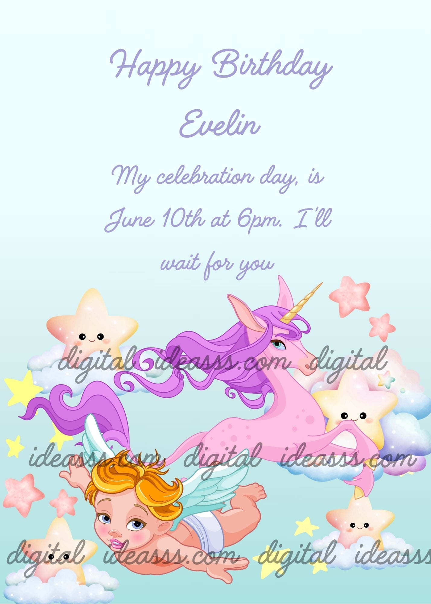 An angel flying with a unicorn, among stars and clouds. Printable birthday card for kids 1-9.
