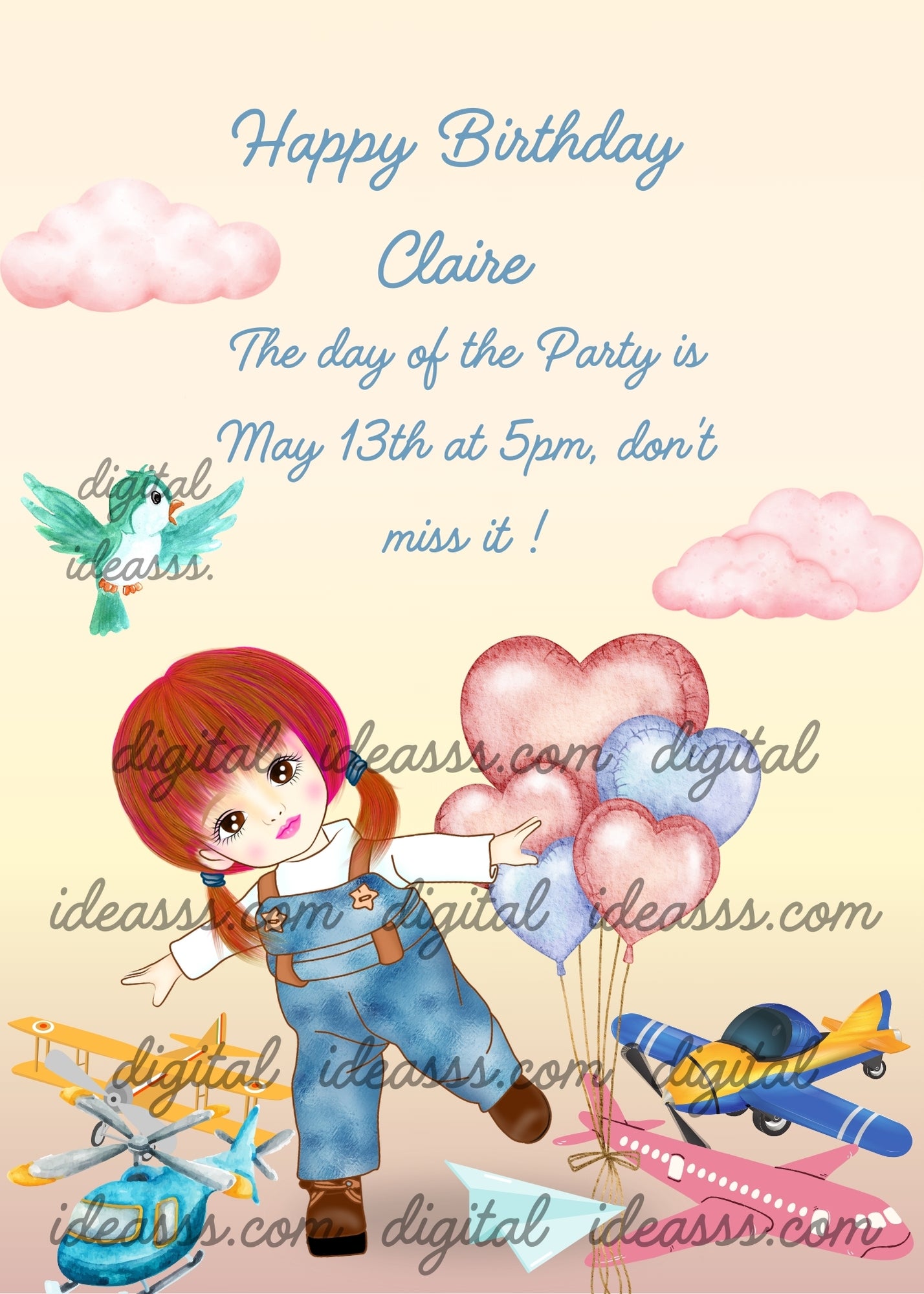 Cute little girl, with outstrethed arms pretends to fly. Her toys are all airplanes. Printable birthday card for girls 5-12.