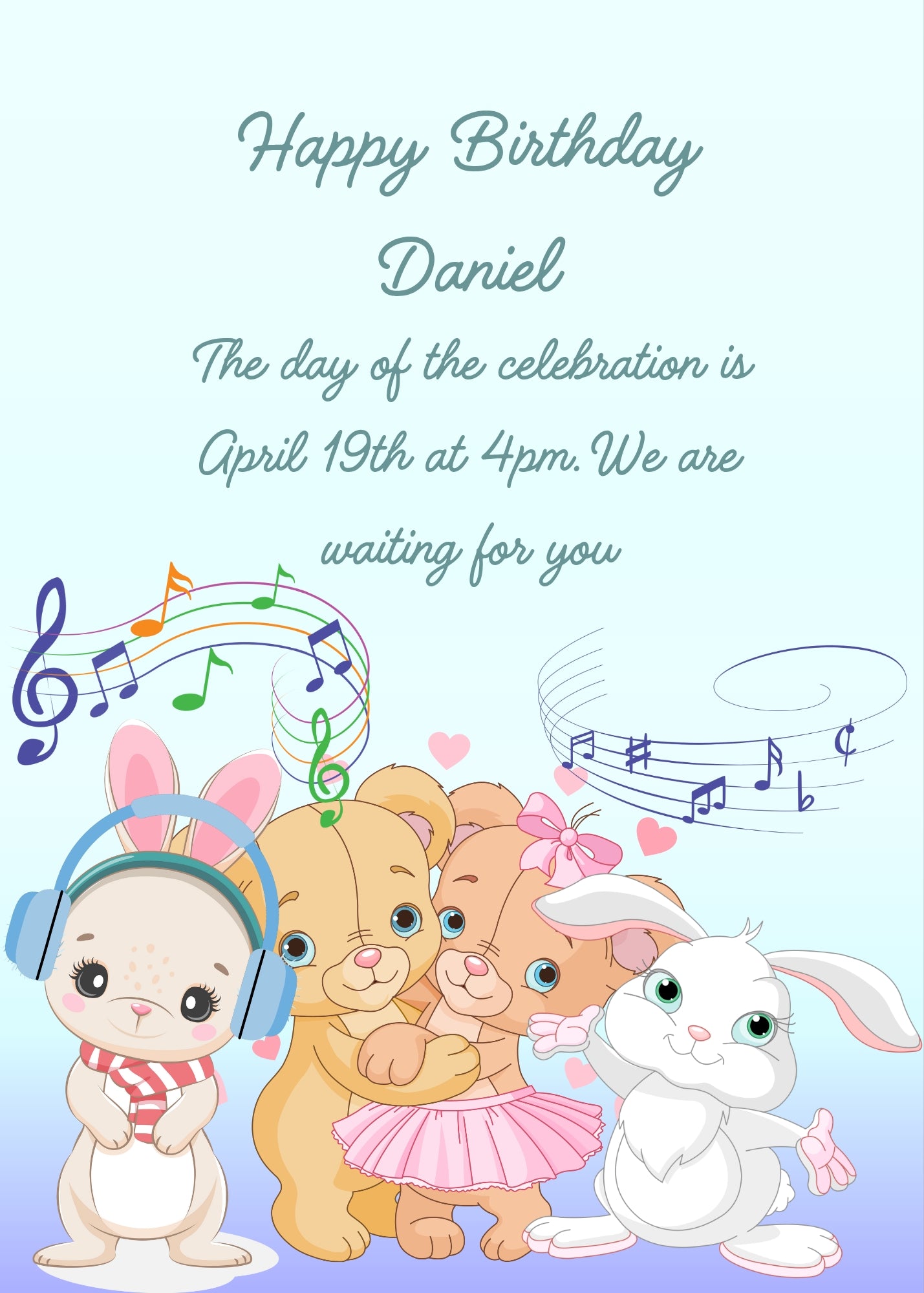 Two teddy bears are dancing, musical notes in the air, and two bunnies, one is listening to music with headphone. Printable birthday card for kids 1-9.