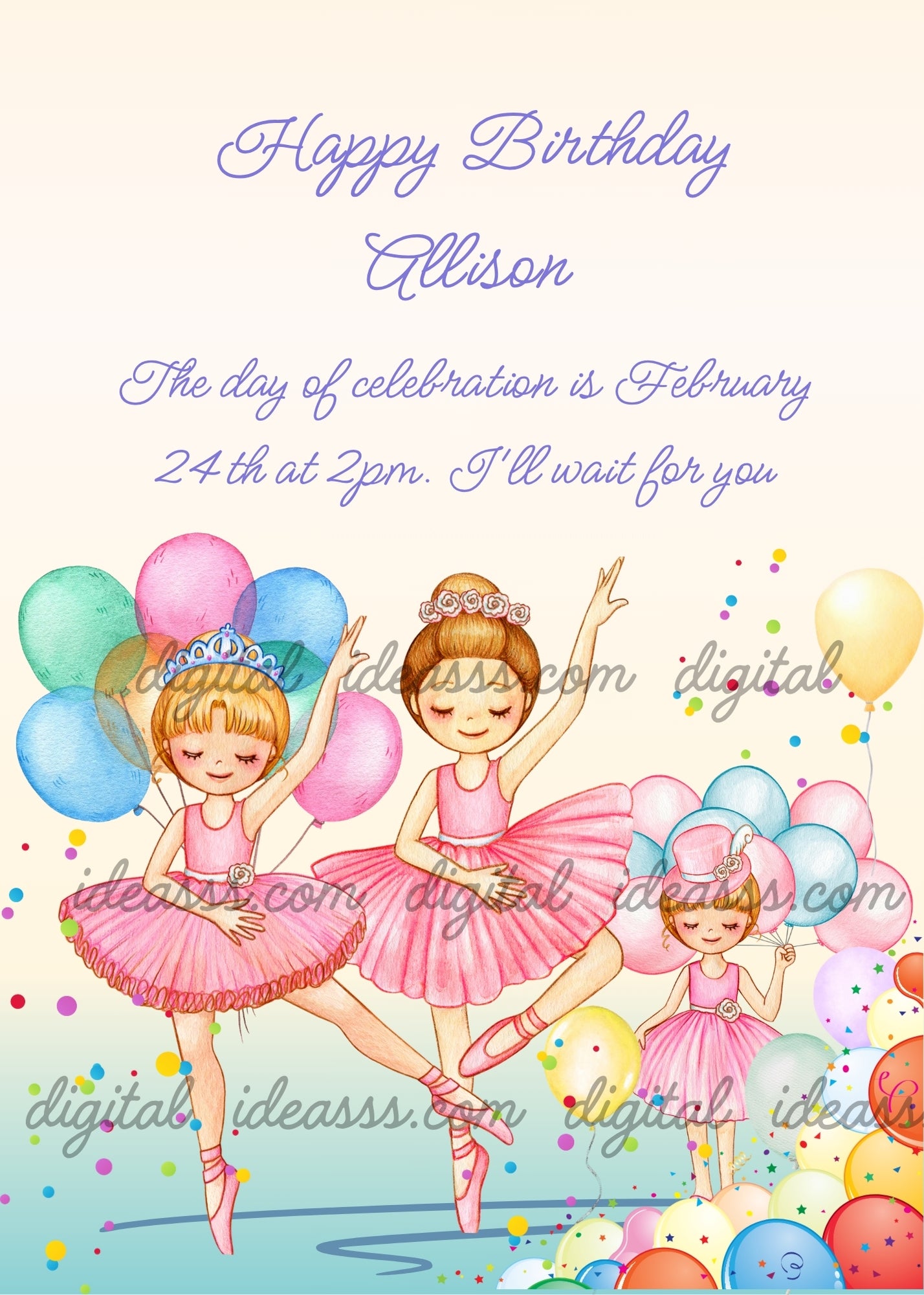 Ballet dancers in pink tutus dance with balloons. Printable birthday card for girls 6-12.