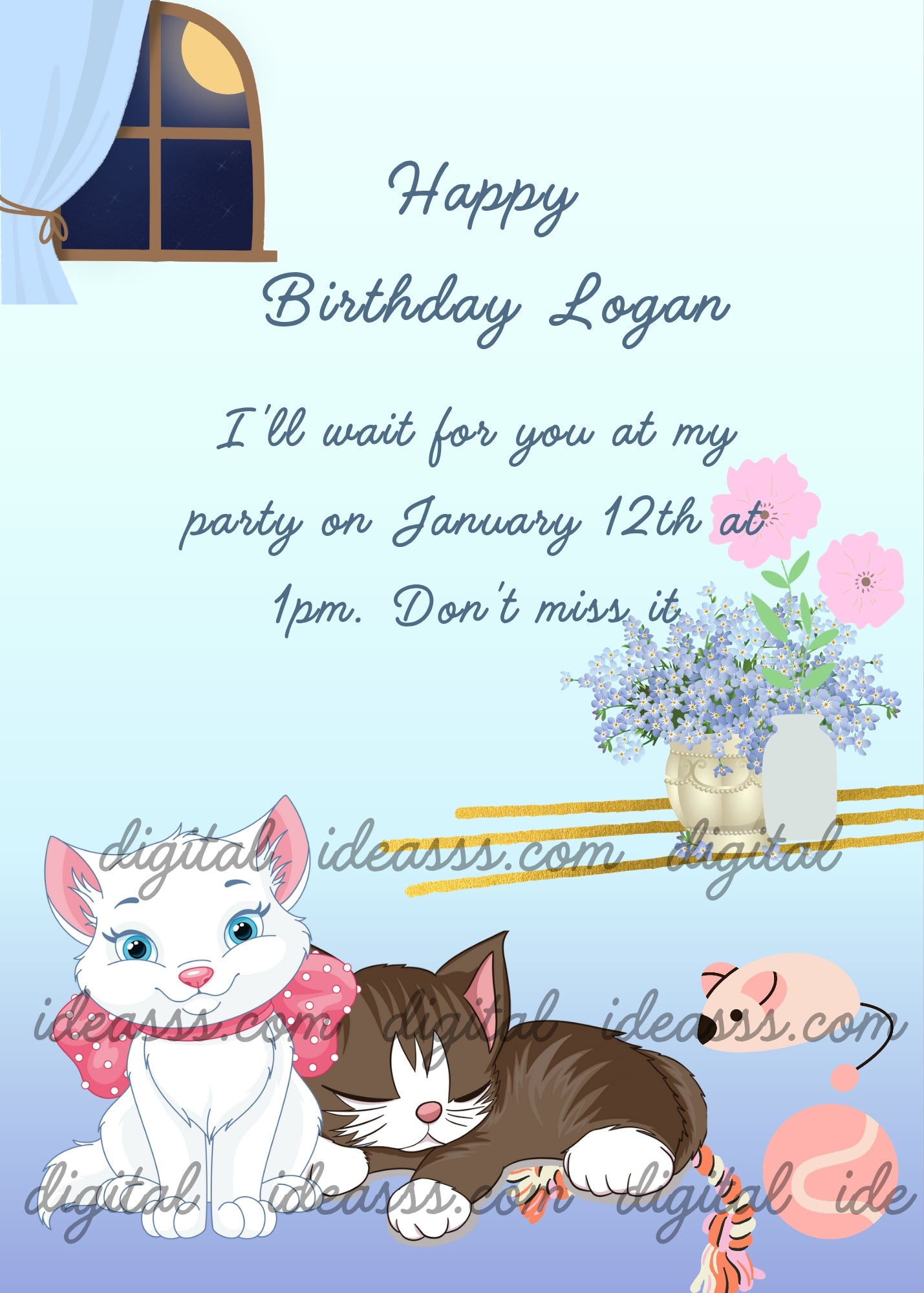 It's night, two kittens have stopped playing, one is sleeping, the other is not. Printable birthday card for kids 1-12.
