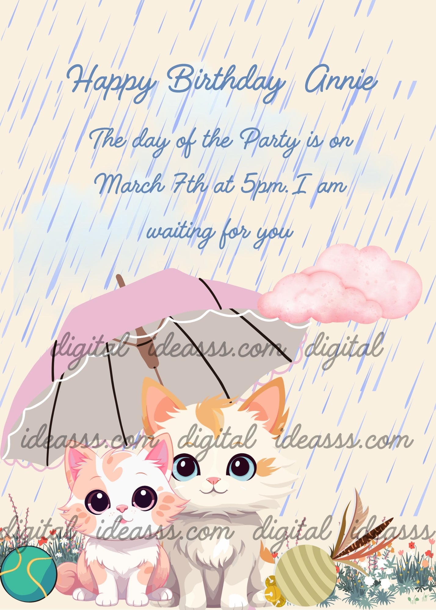 Two kittens interrupt their games to shelter from the rain under an umbrella. Printable birthday card for kids 1-9.