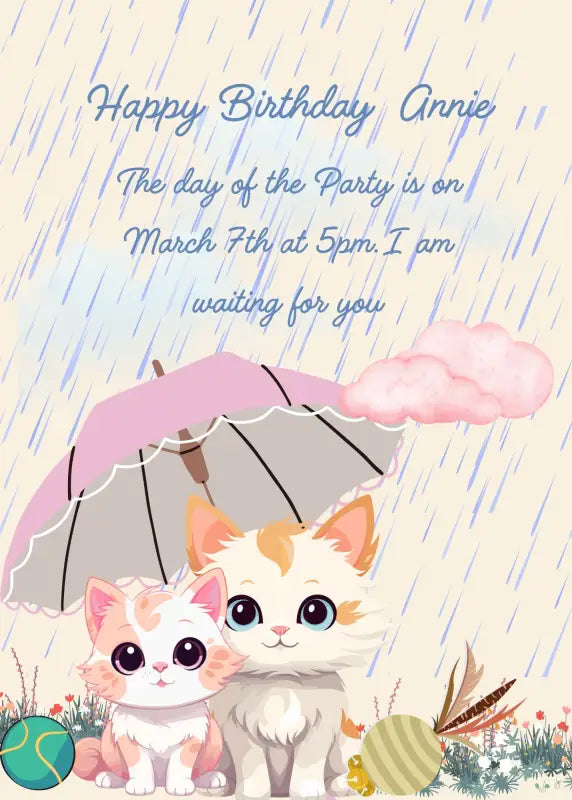 Two cute kittens shelter from the rain under an umbrella, interrupting their games. Printable birthday card for kids
1-9.