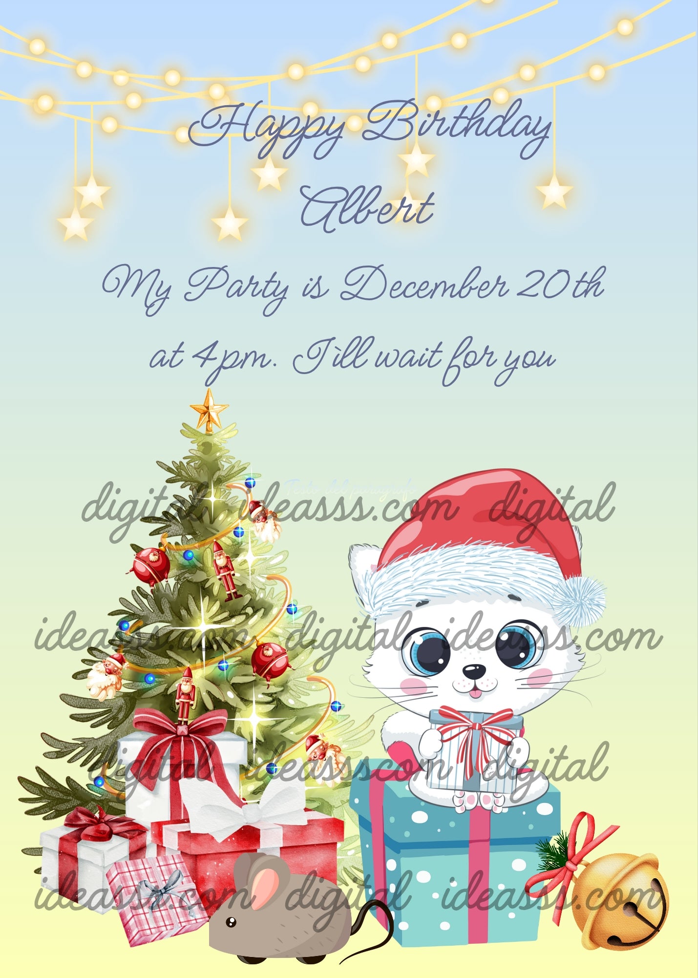 The kitten Trilly sitting on a package, she has a present between her paws, next to the Christmas tree and other presents. Printable birthday & Christmas card for kids 1-10.