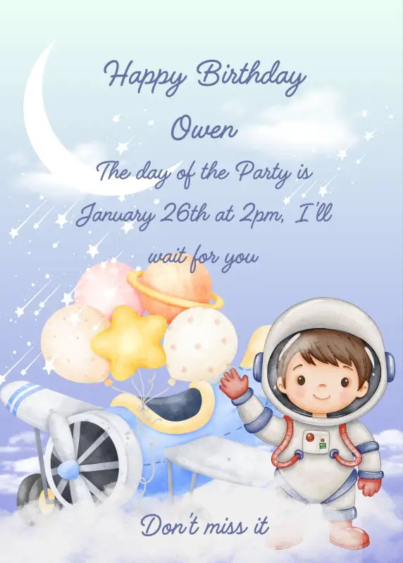 Child dressed as astronaut waving in the clouds, next to his airplane with balloons. Printable birthday card for boys 5-10.