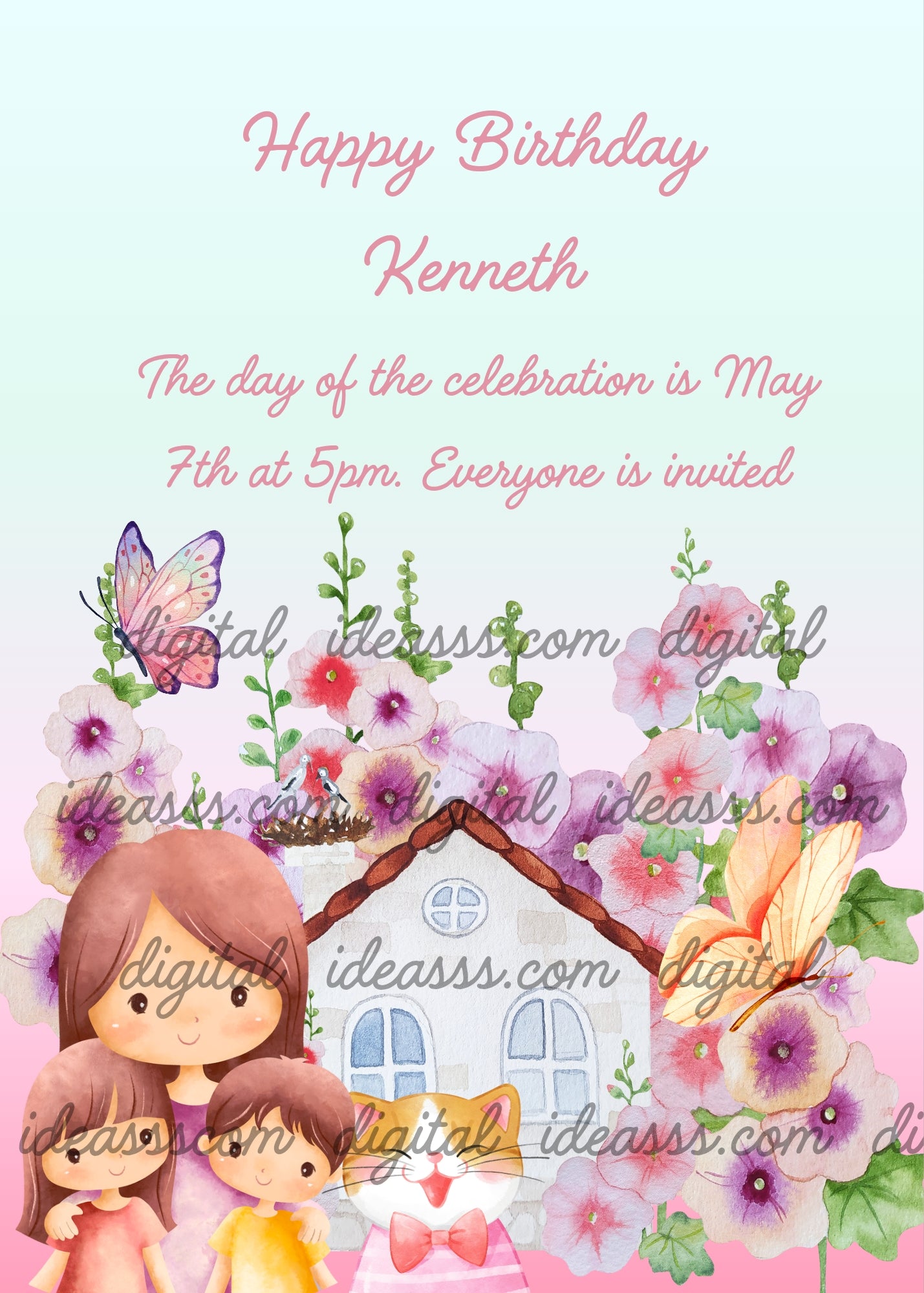 A little house among many flowers, two children, a mother and a cute kitten. Printable birthday card for kids 1-12.