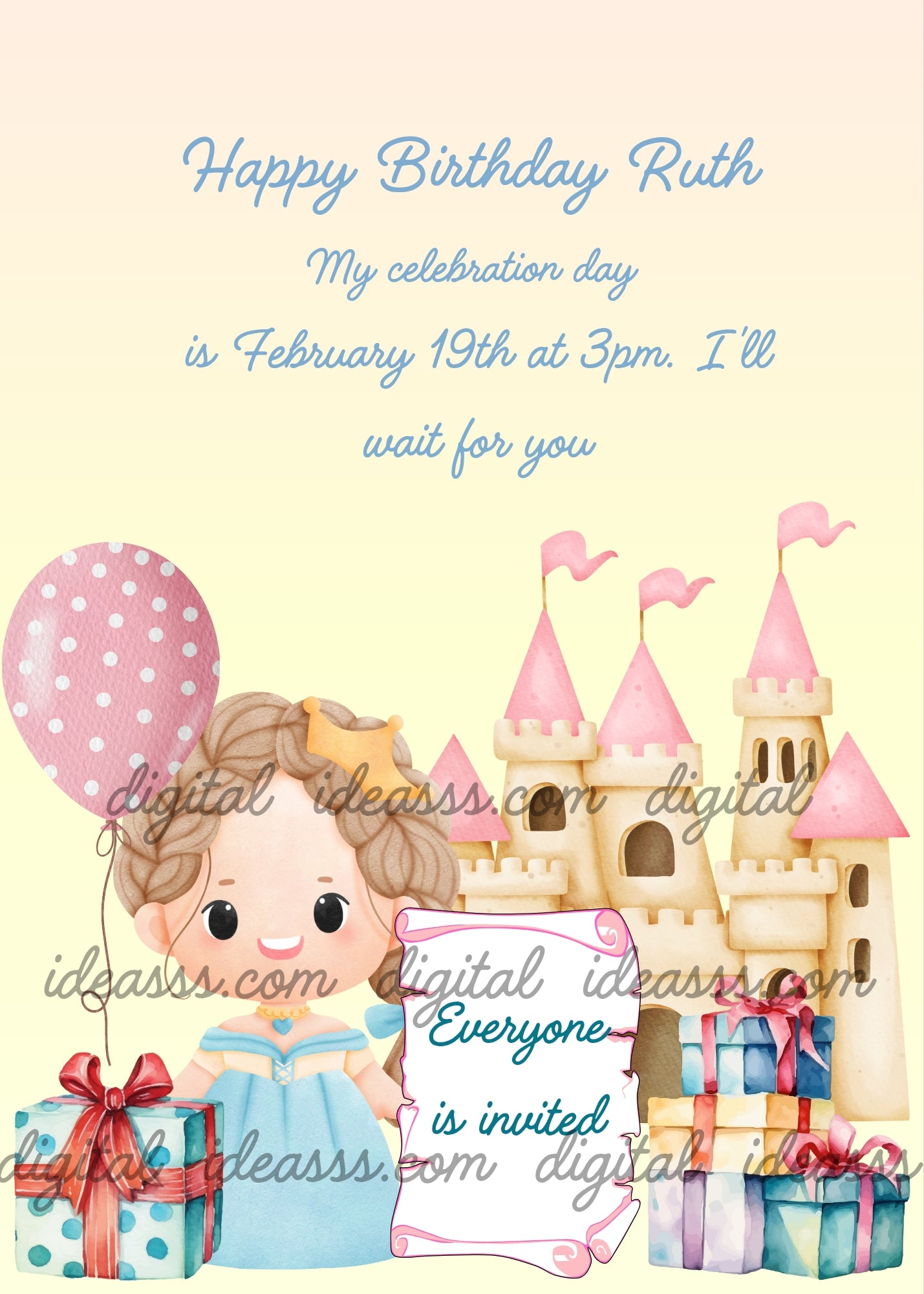 Little girl dressed as princess with castle, gift packages, parchment and balloon. Printable birthday card for girls 1-9.