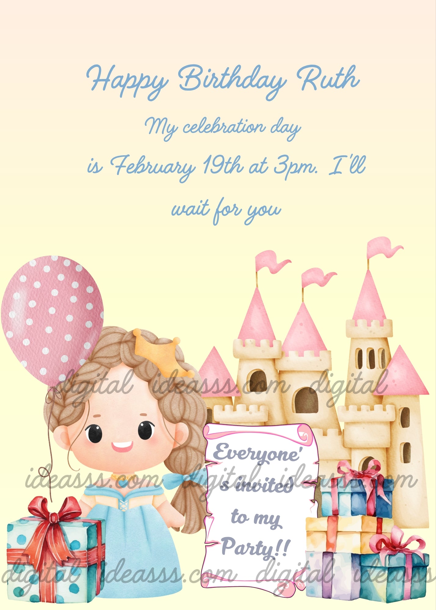 Little girl dressed as princess with castle, gift packages, parchment and balloon. Printable birthday card for girls 1-9.
