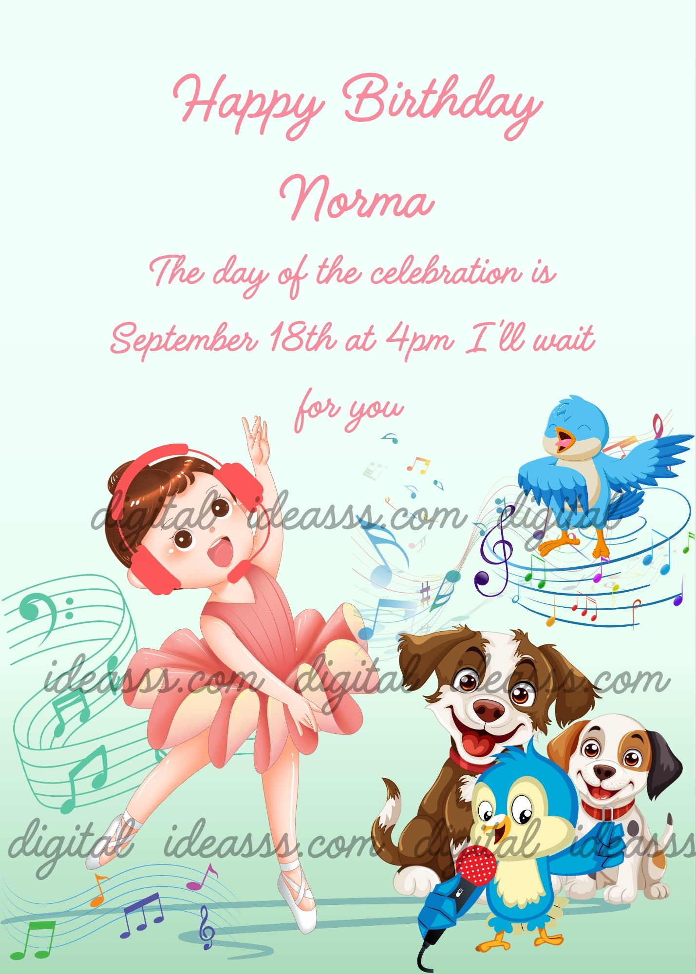 A little girl dances, and sings with her friends, dogs and birds. Printable birthday card for girls 5-12.