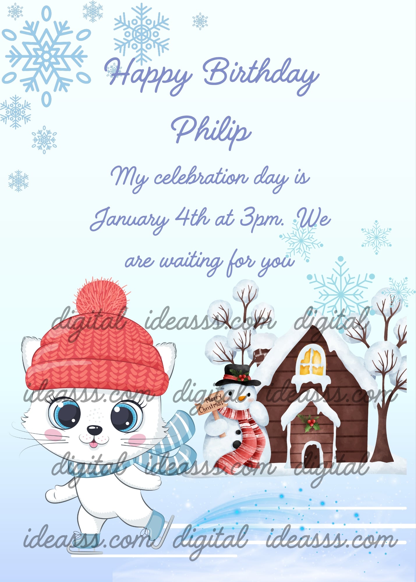 Snowy landscape, with Tinkerbell, the cat who is ice skating. Printable birthday card for kids 1-9.