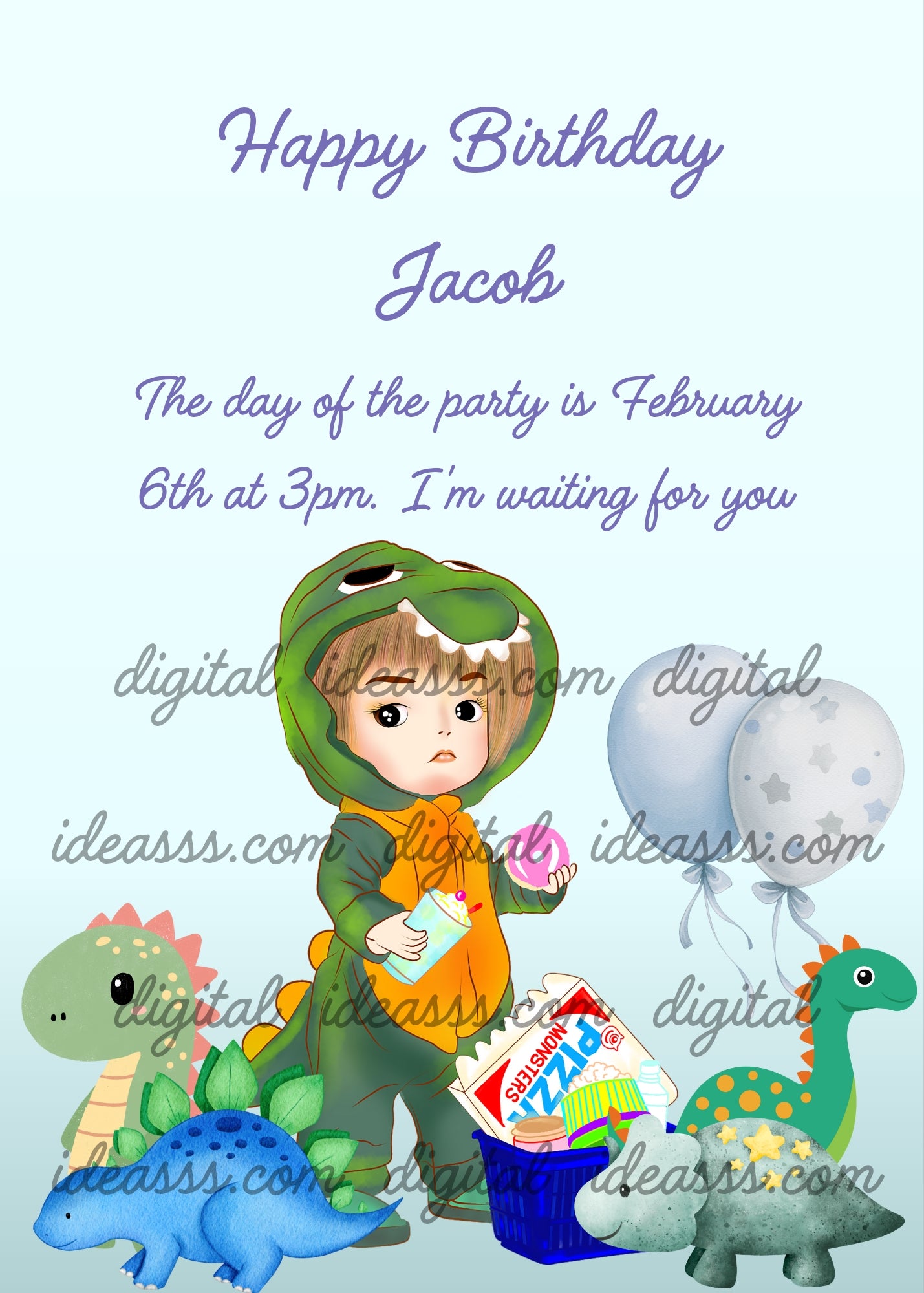 Child with dinosaur costume. Dinosaur toys, and balloons. Printable birthday card for boys 5-10.