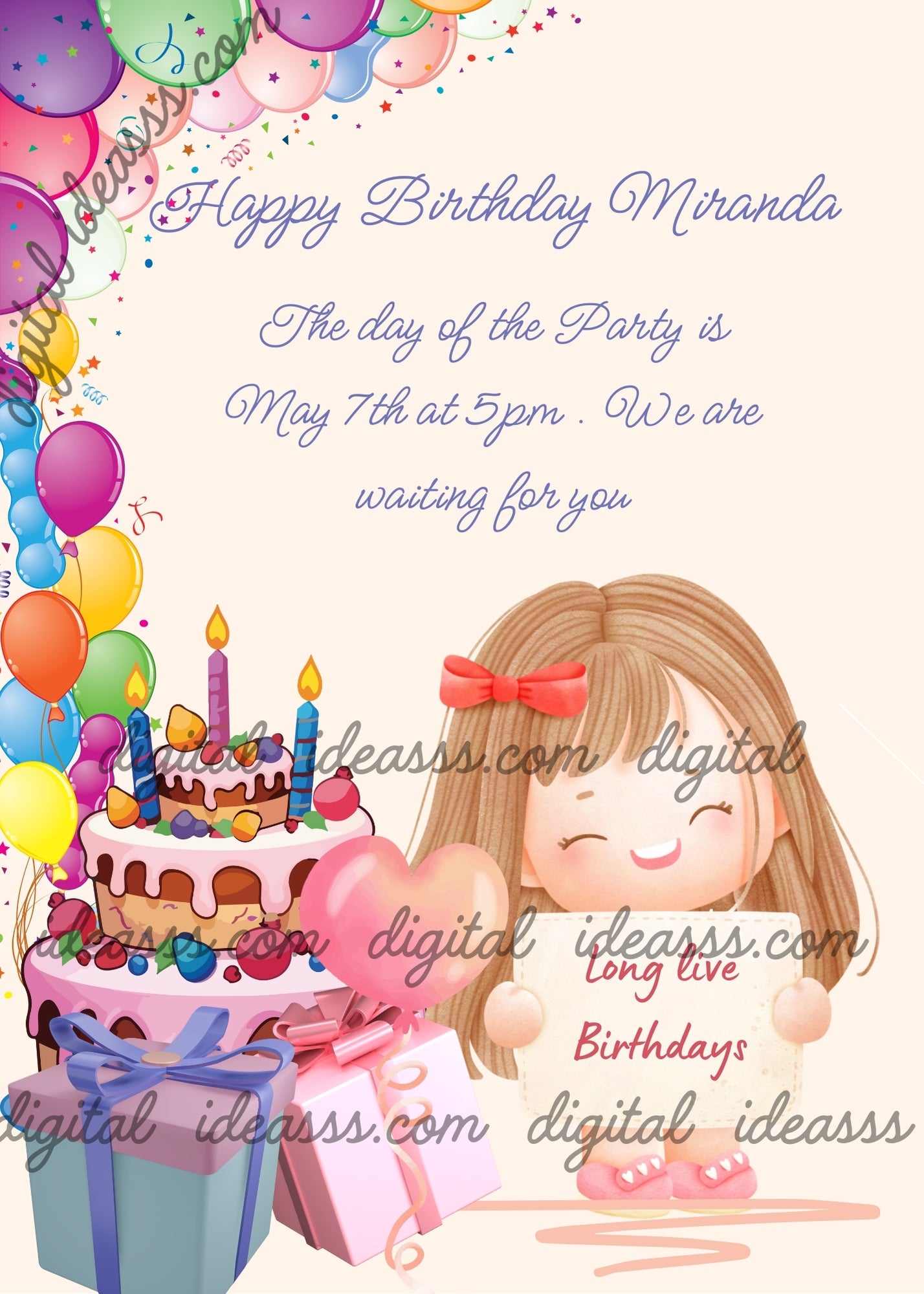 Little girl, with birthday card, cake, gift boxes, and many colorful balloons. Printable birthday card for girls 1-12.