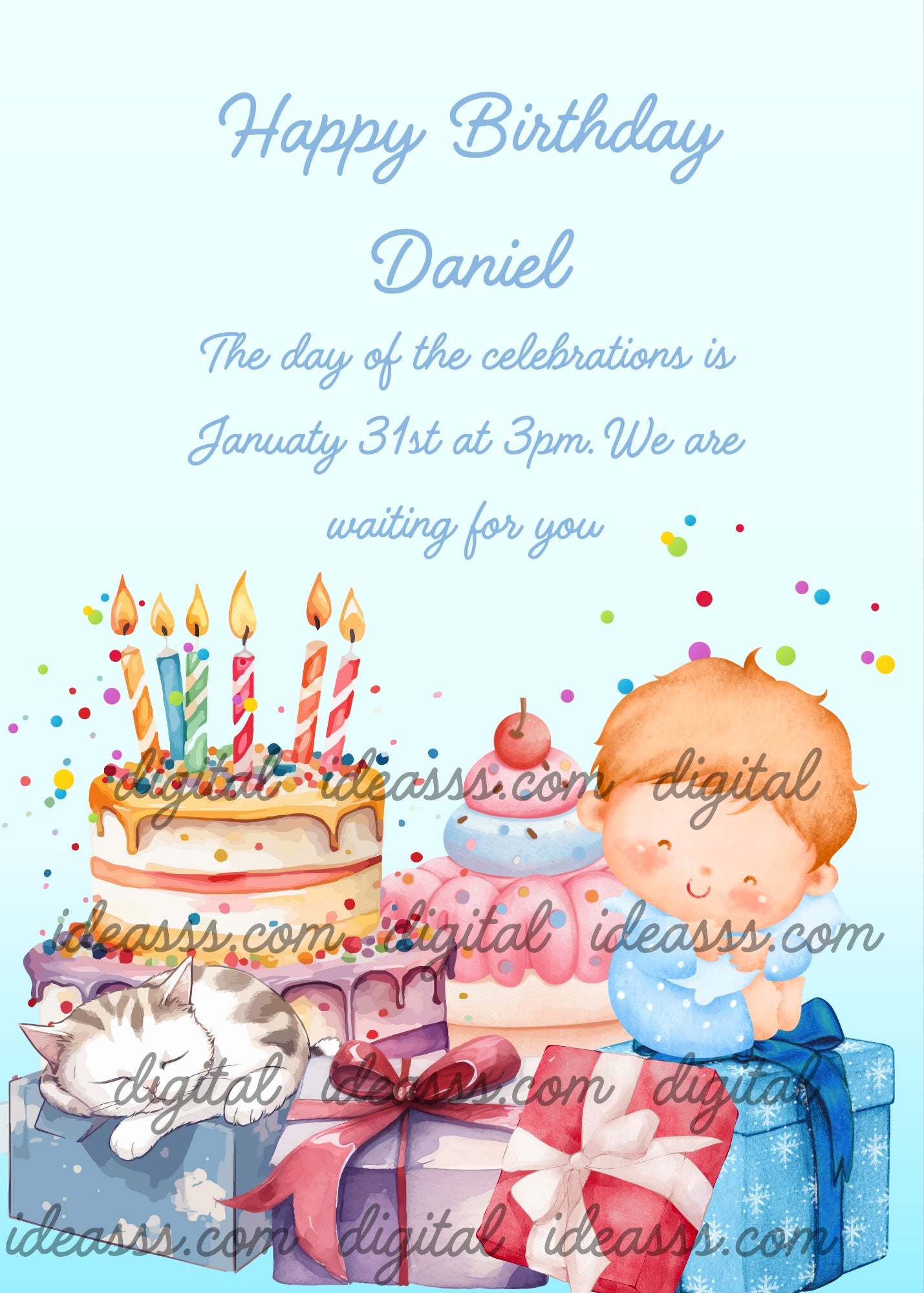 Smiling child sitting on a gift box, two cakes in the background, and a kitten sleeping on the presents. Printable birthday card for kids 1-9.