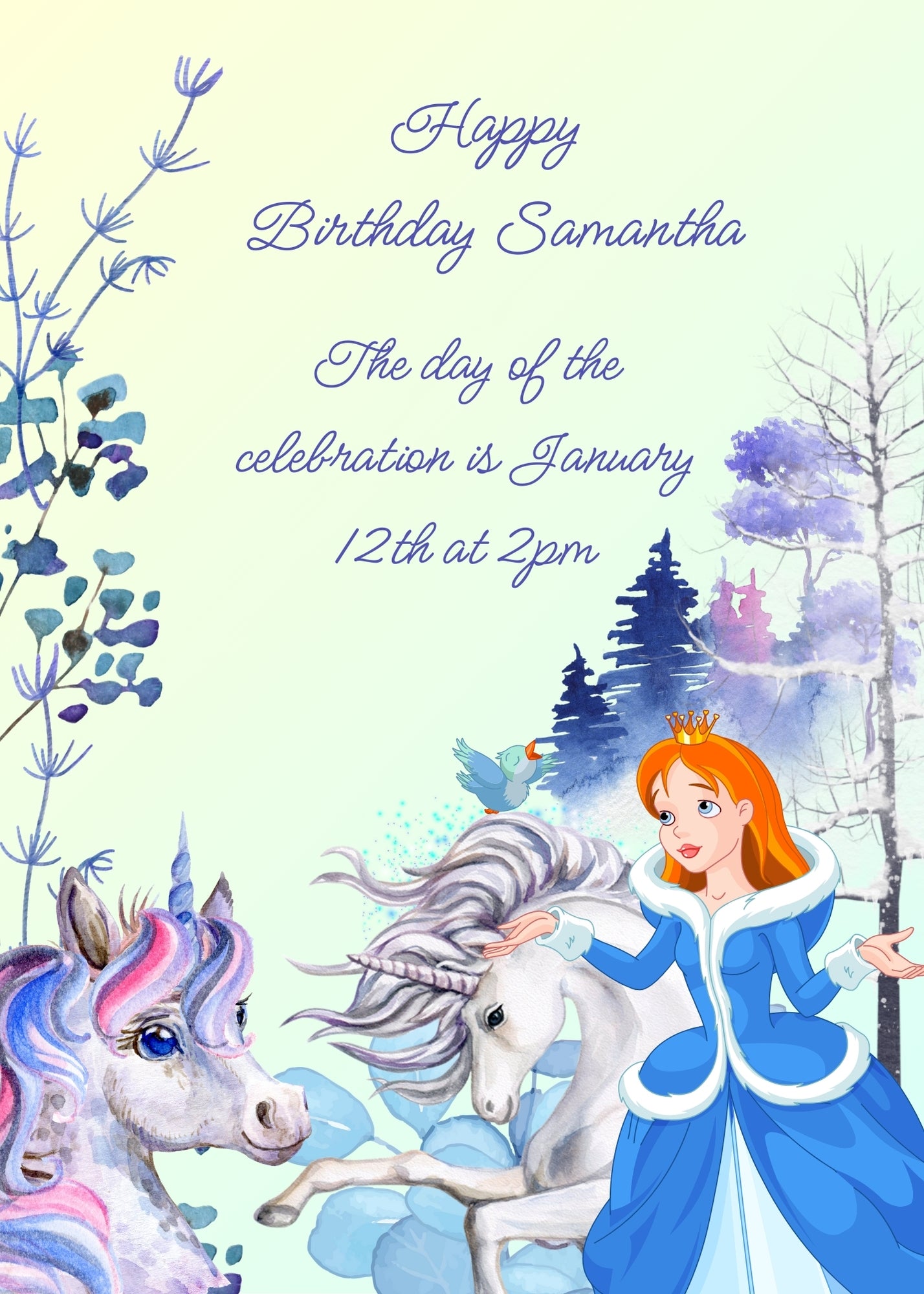 A princess goes to visit the unicorn forest. Winter landscape background. Printable birthday card for girls 6-12.