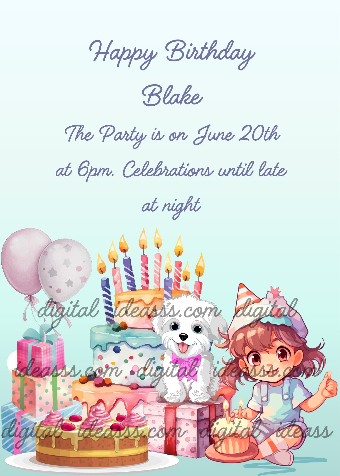 Smiling little girl with cakes and gift boxes, and her dog friend. Printable birthday card for kids 7-14.