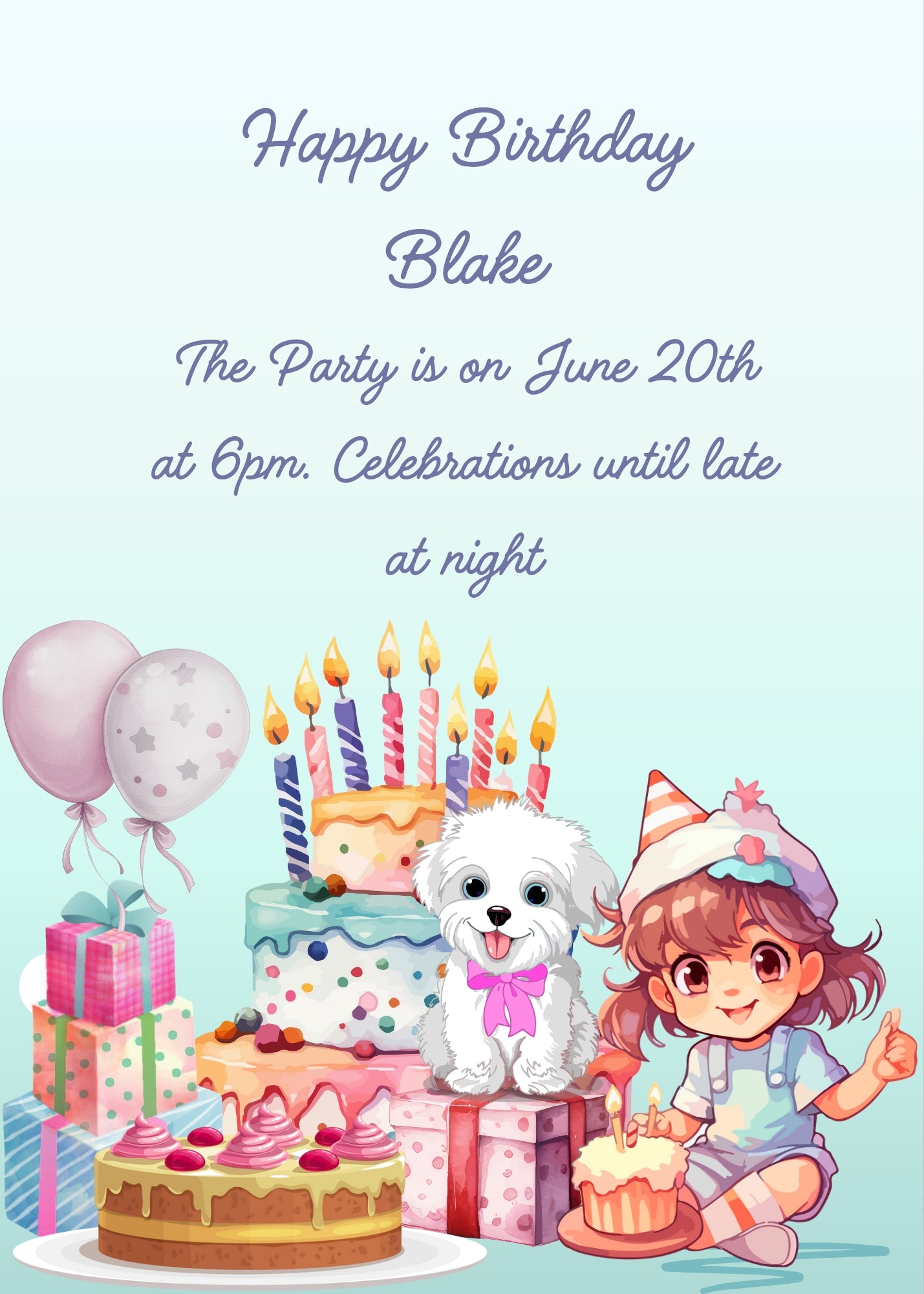 Smiling little girl with cakes and gift boxes, and her dog friend. Printable birthday card for kids 7-14.