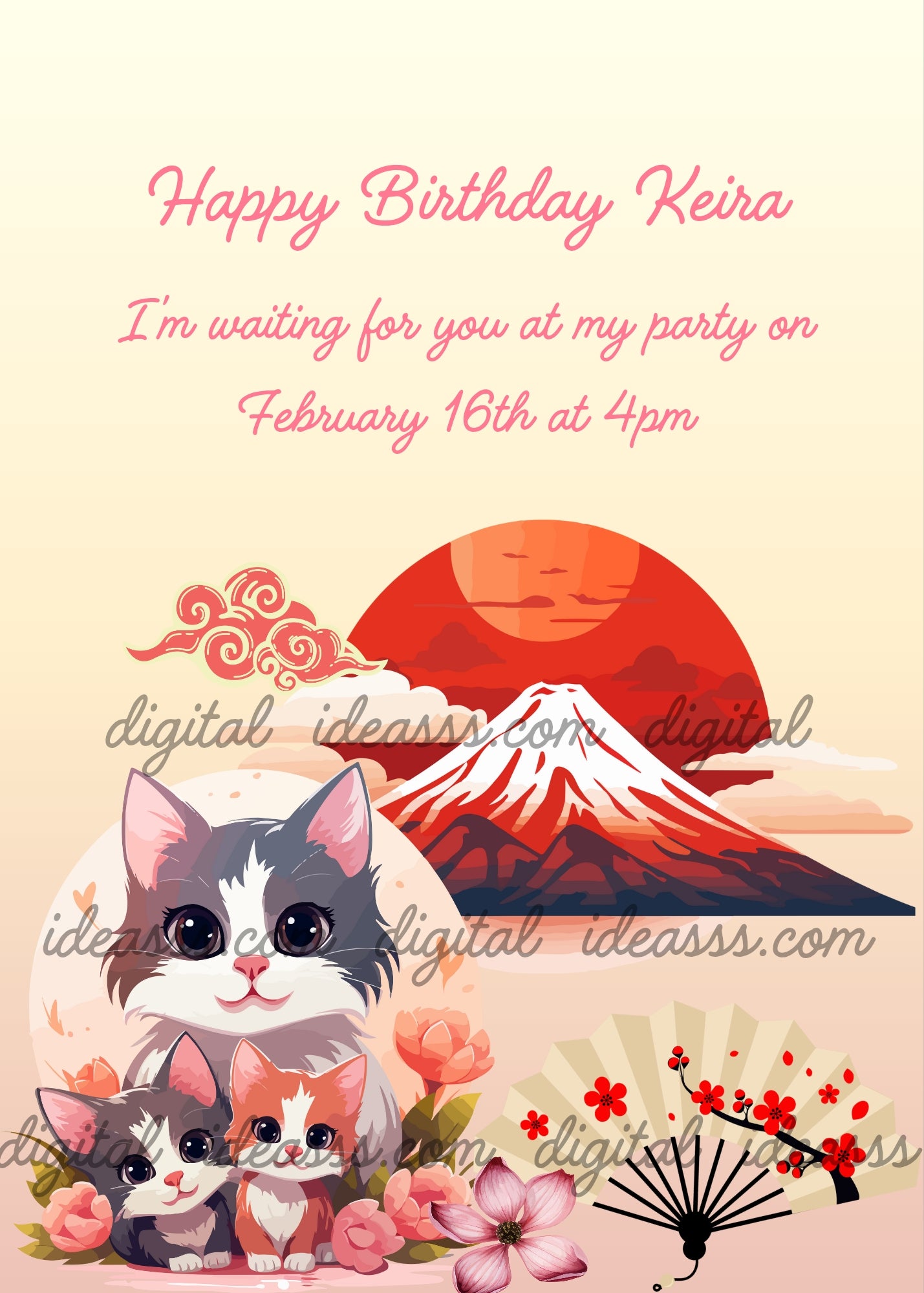 In the foreground are three cute kittens, with flowers and a fan. In the background, a sunset with Mount Fuji. Printable birthday card for kids 6-12.