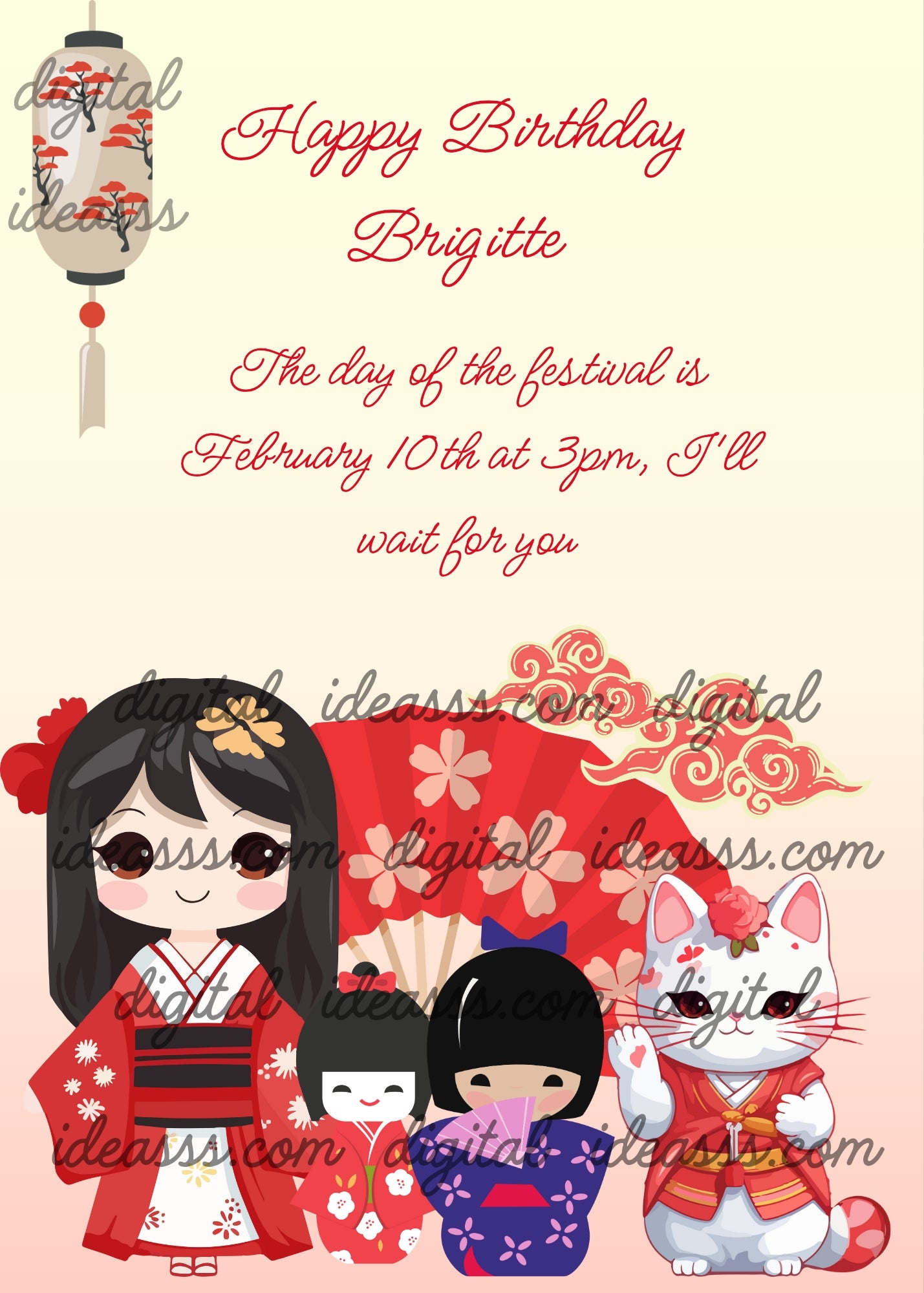 Cute dolls, Maneki Neko, fan, and lantern. The dominant color is red. Printable birthday card for girls 10-14.