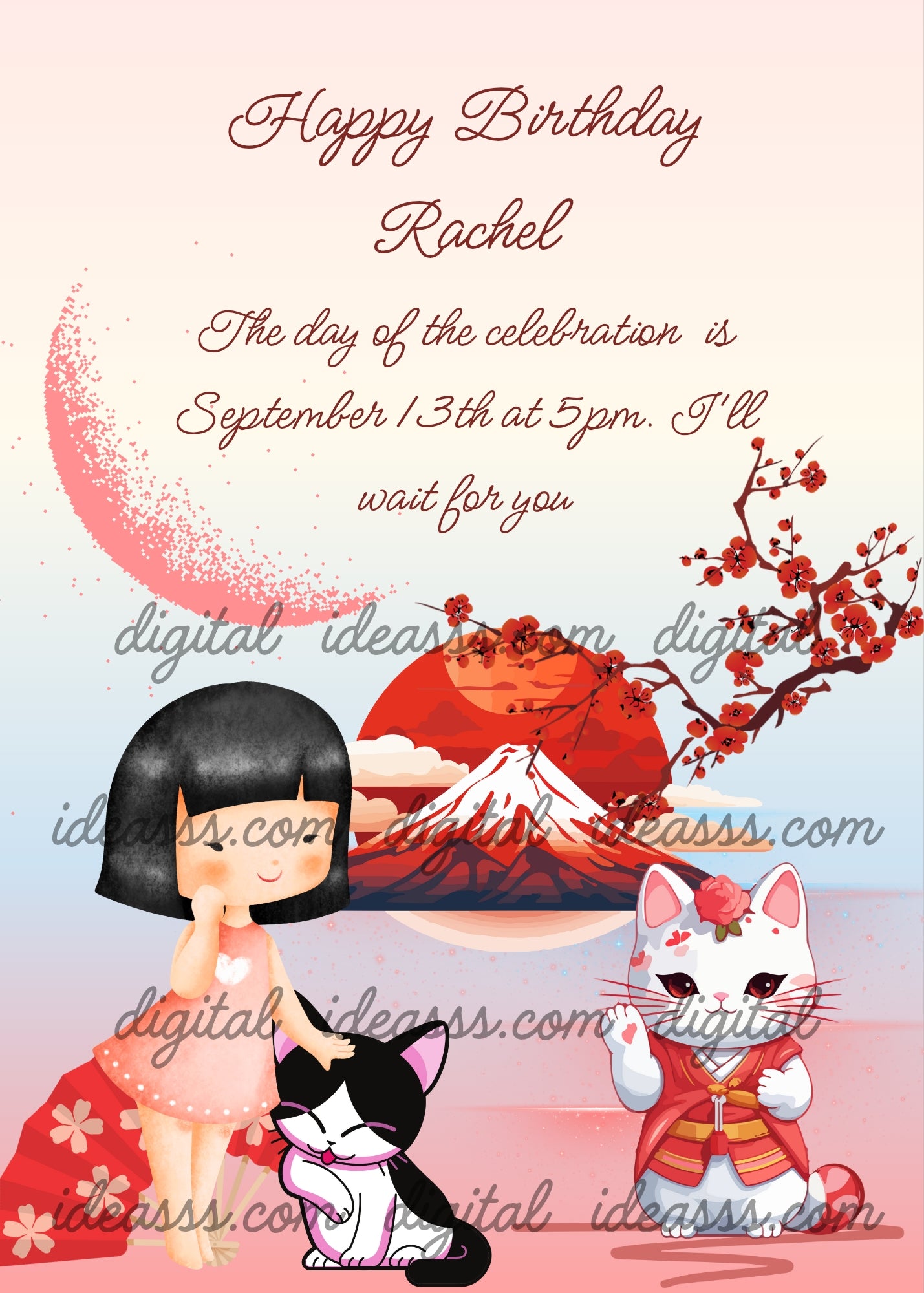 Mount Fuji, sun and moon in the background; a little girl caresses a kitten, and Maneki Neko waves. Printable birthday card for kids 8-14.