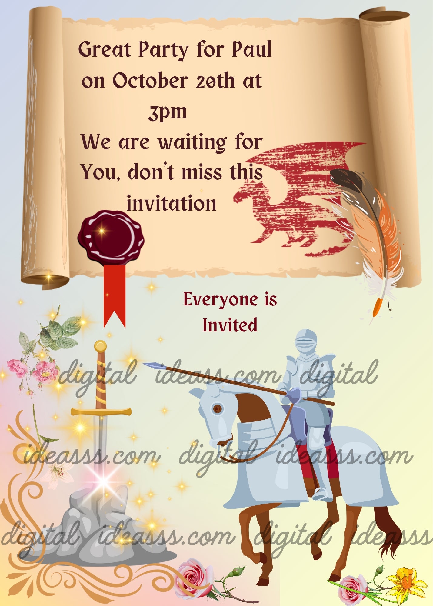 King Arthur in armor on horseback. The rock with the sword, and above him a parchment. Printable birthday card for boys 8-14.