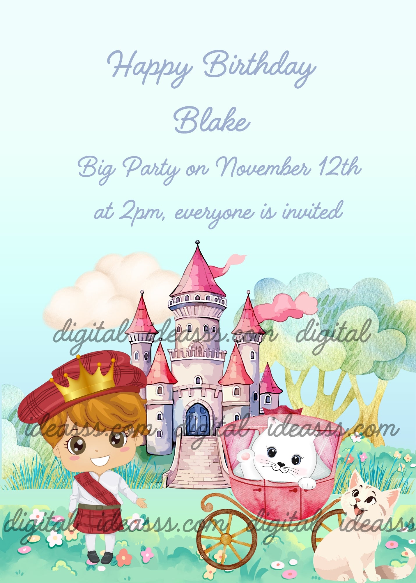 Little Scottish Prince, with castle and carriage for his kitten. Printable birthday card for kids 1-9.