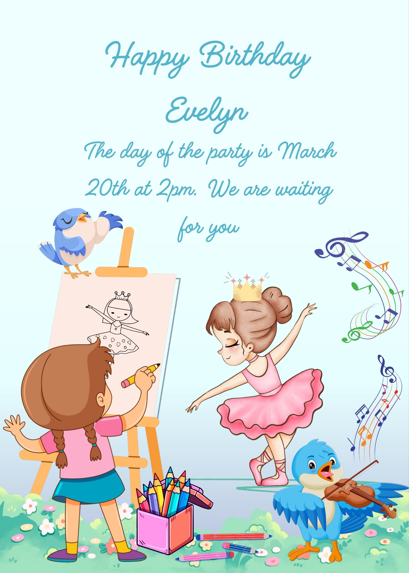 In a meadow, a little girl draws a portait of her ballerina friend. A little bird plays a violin, another sings. Printable birthday card for girls 3-10.