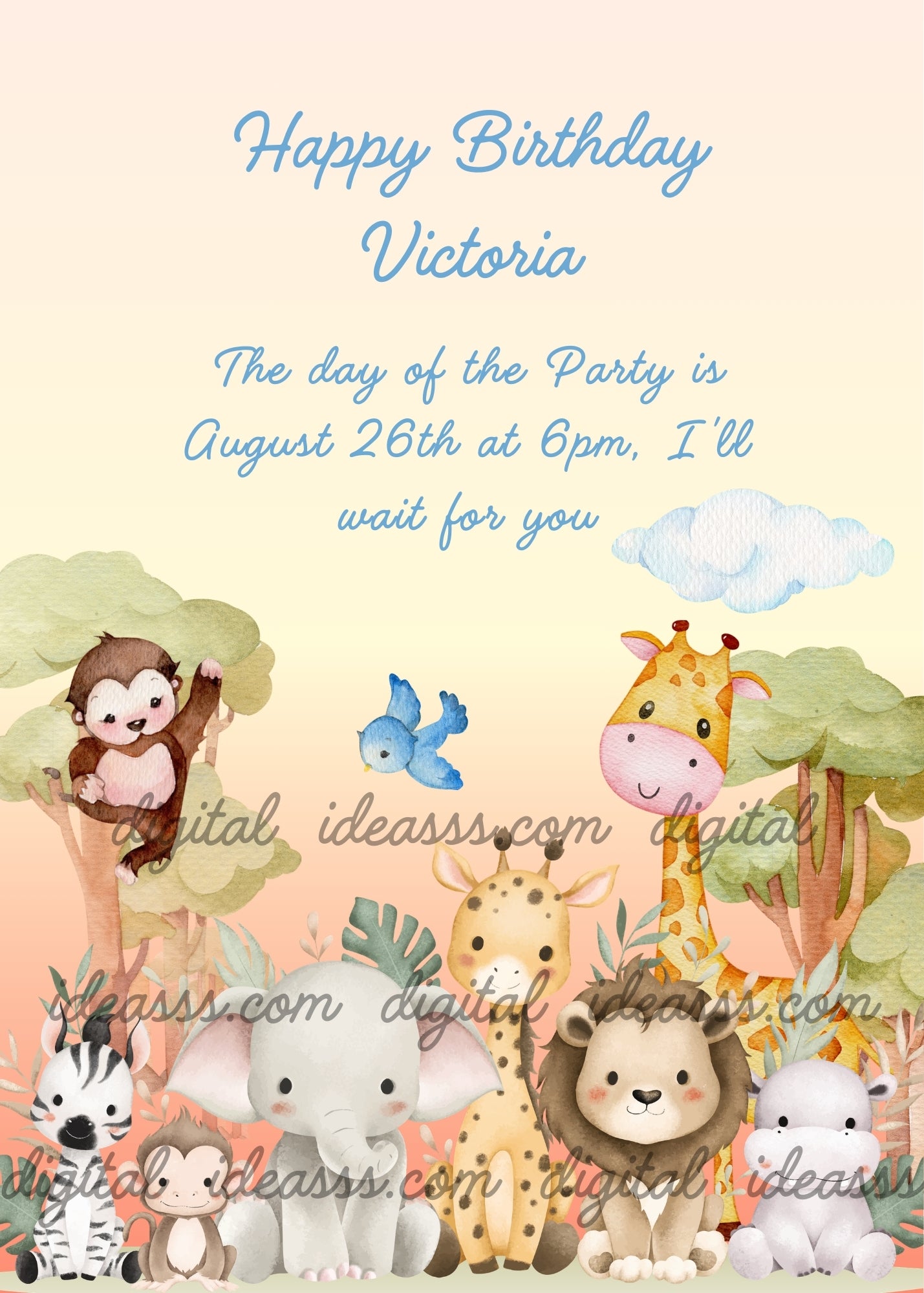 Lion, giraffes, a zebra, a baby elephant,
and two little monkeys, all together at sunset. Printable birthday card for
kids 1-8.