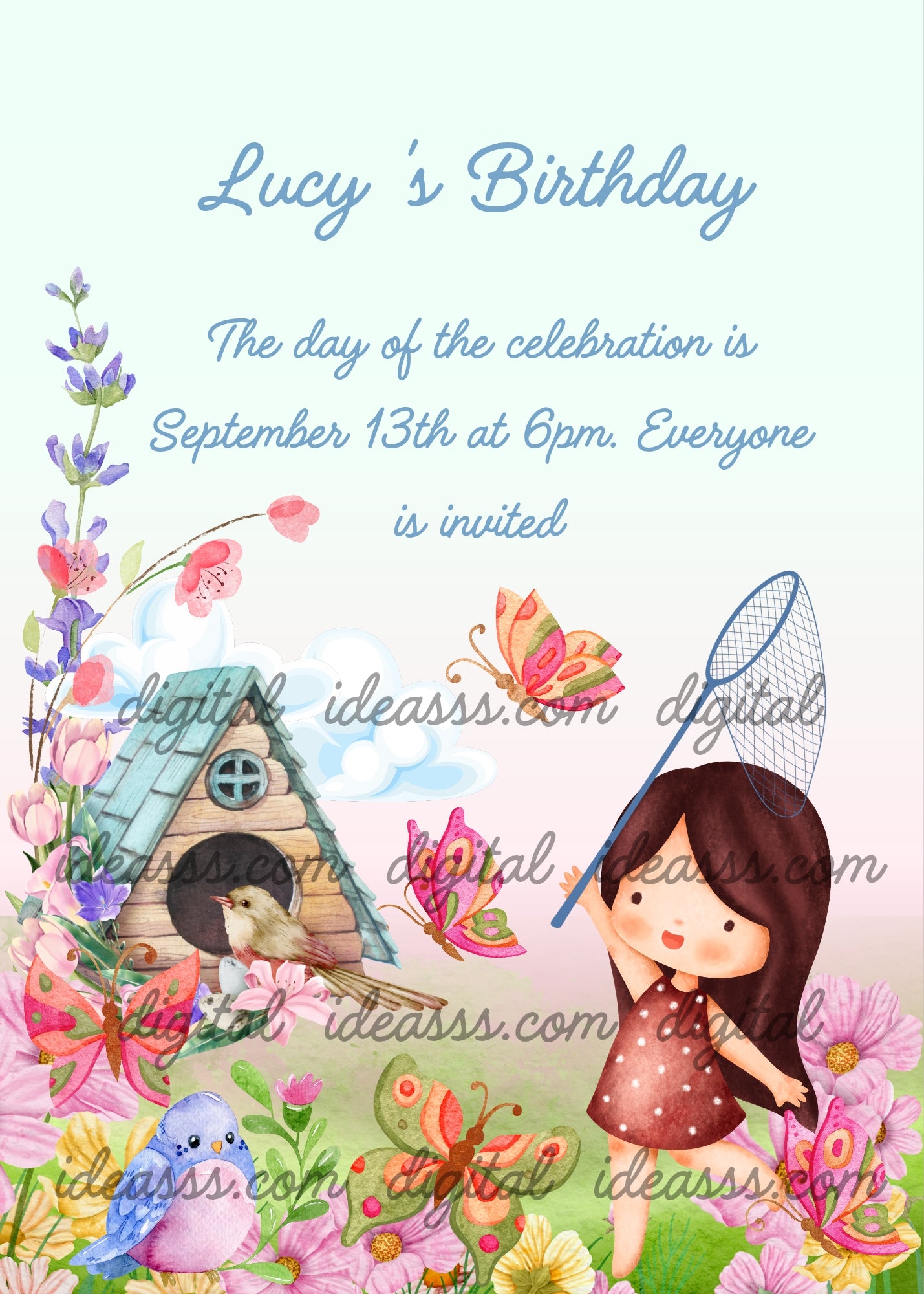 A little girl with a net catches butterflies in flight. Among the flowers there is also a birdhouse. Printable birthday card for girls
6-12.