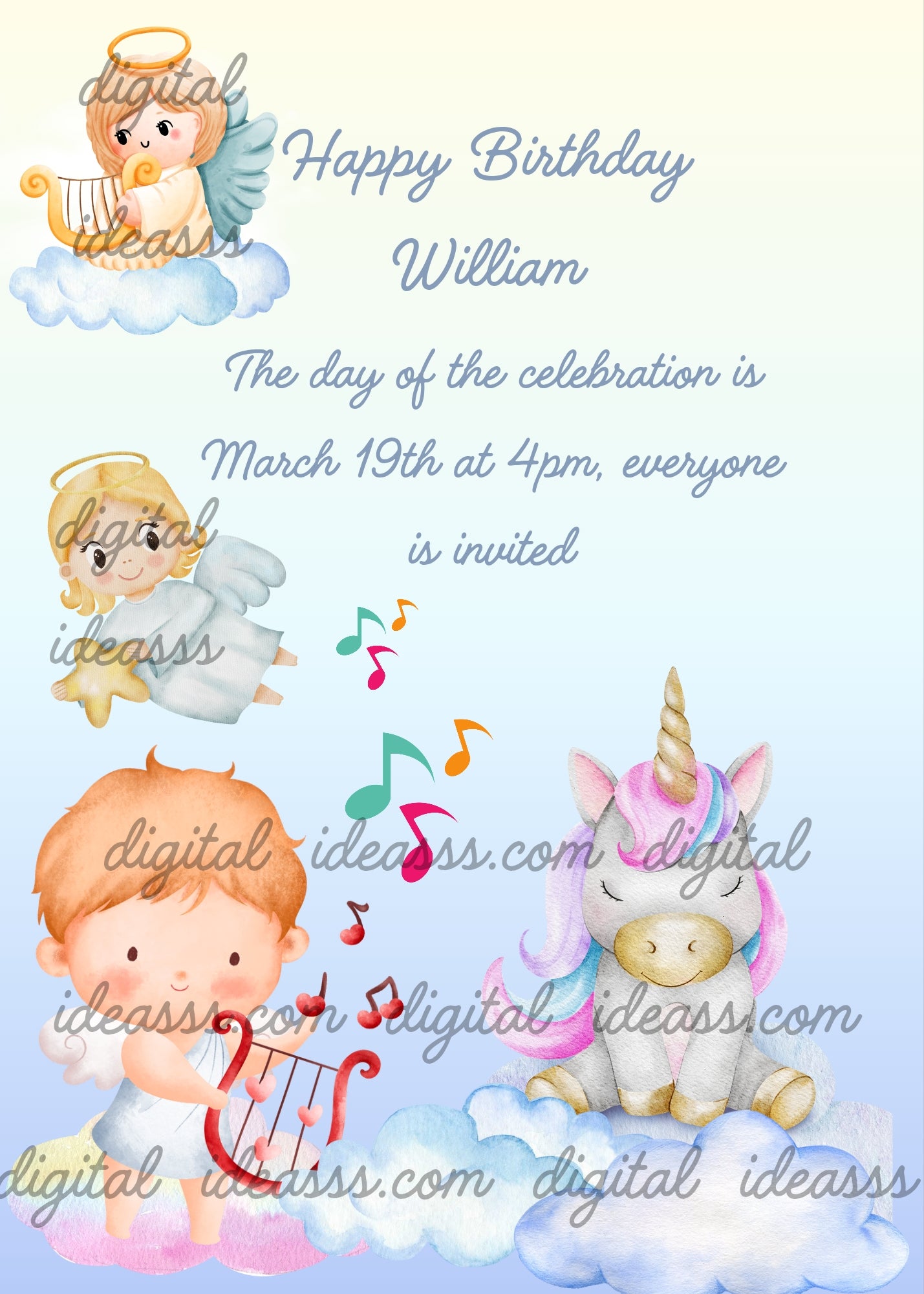 Unicorn sleeps on a clouds. Little angels play a lullulaby for him. Printable birthday card for kids 1-9.