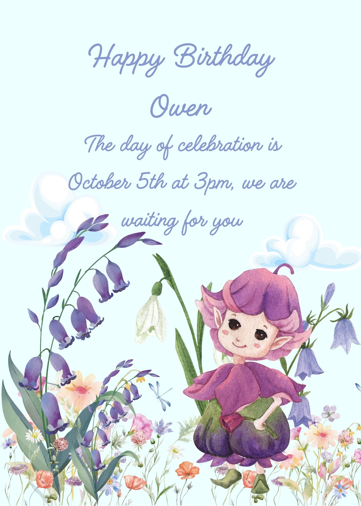 A flowery meadow and Bluebells. A Bluebells has eyes nose and mouth, and a pretty little dress. Printable birthday card for kids 8-12.